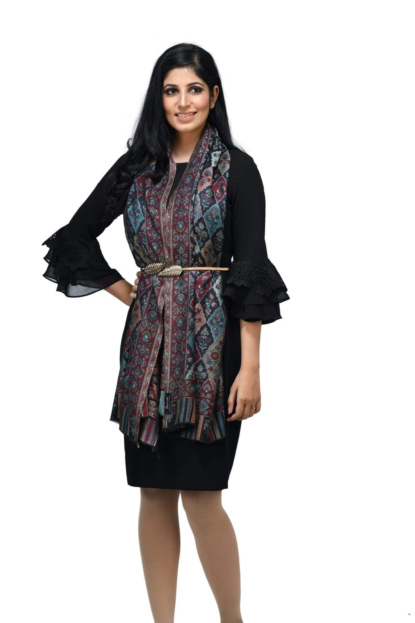 Pashwool 70x200 Pashwool Womens Extra Soft Bamboo Scarf, Woven Ethnic Design, Black