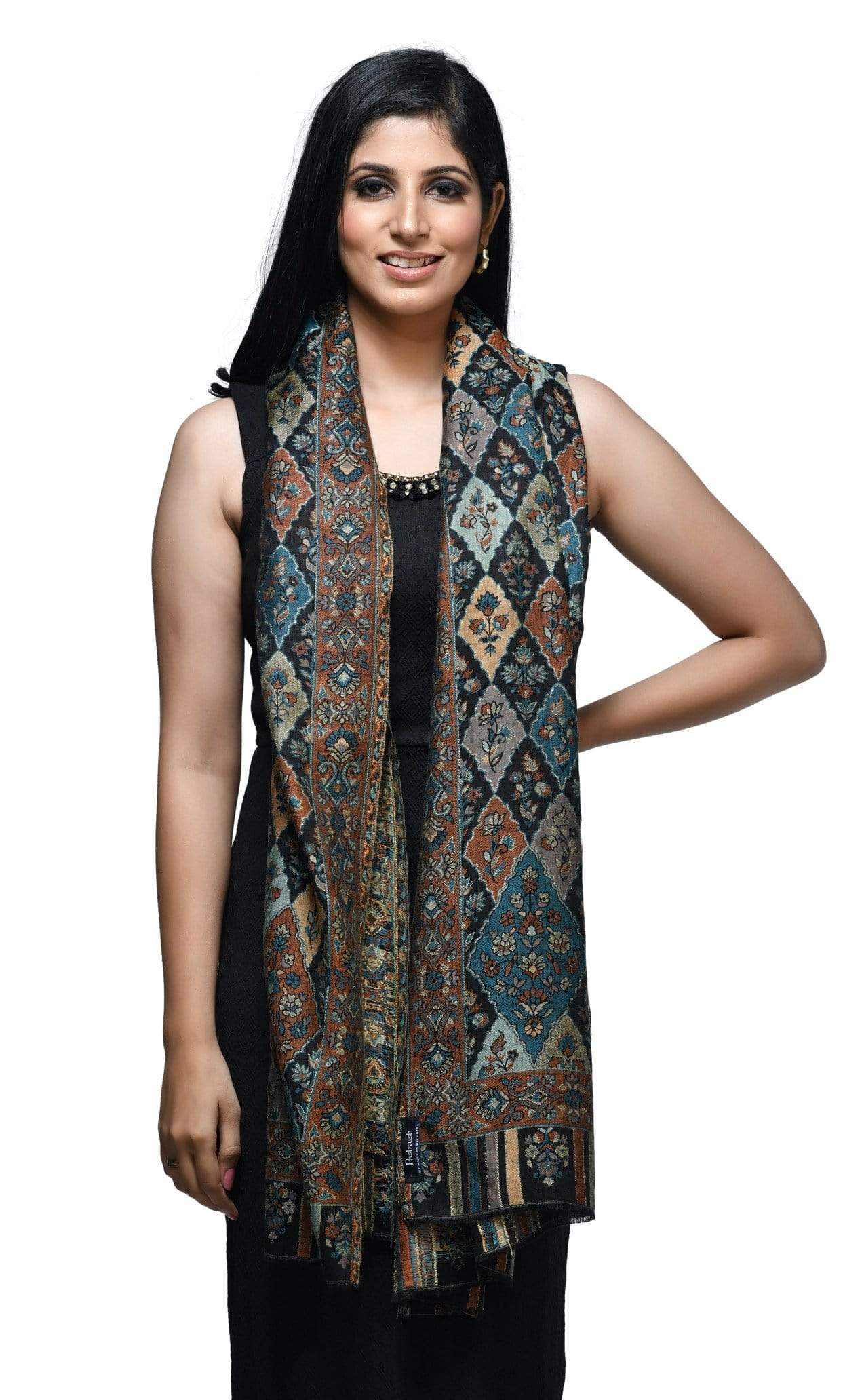 Pashwool 70x200 Pashwool Womens Extra Soft Bamboo Scarf, Woven Ethnic Design, Black