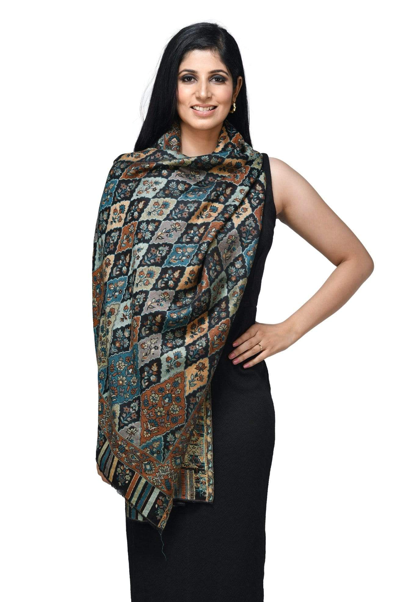 Pashwool 70x200 Pashwool Womens Extra Soft Bamboo Scarf, Woven Ethnic Design, Black