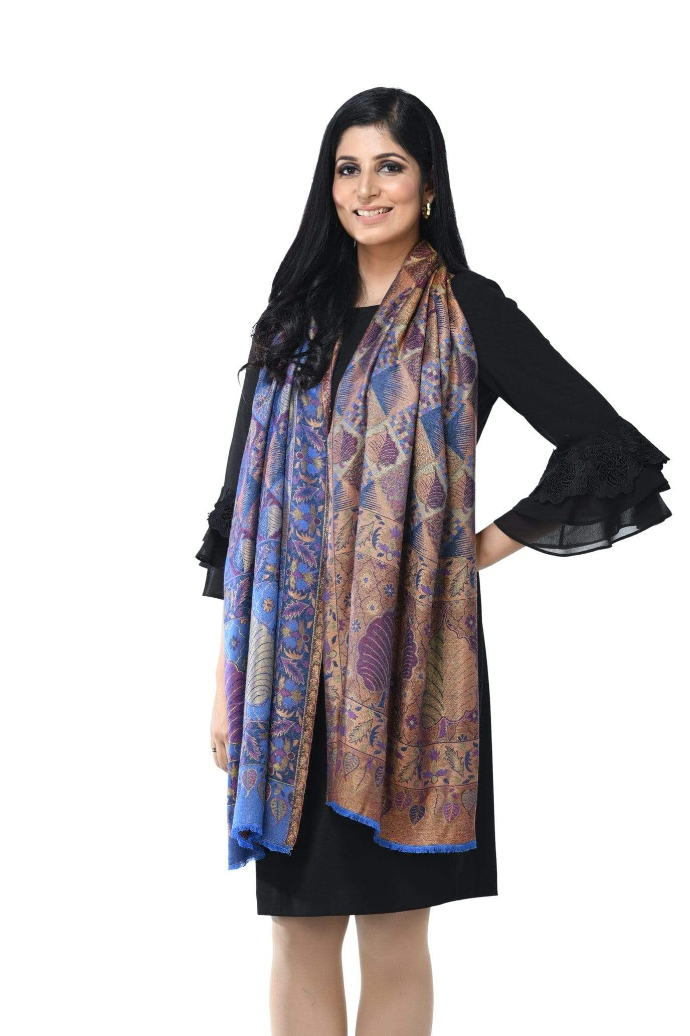 Pashwool 70x200 Pashwool Womens Extra Soft Bamboo Scarf, Woven Ethnic Design, Blue