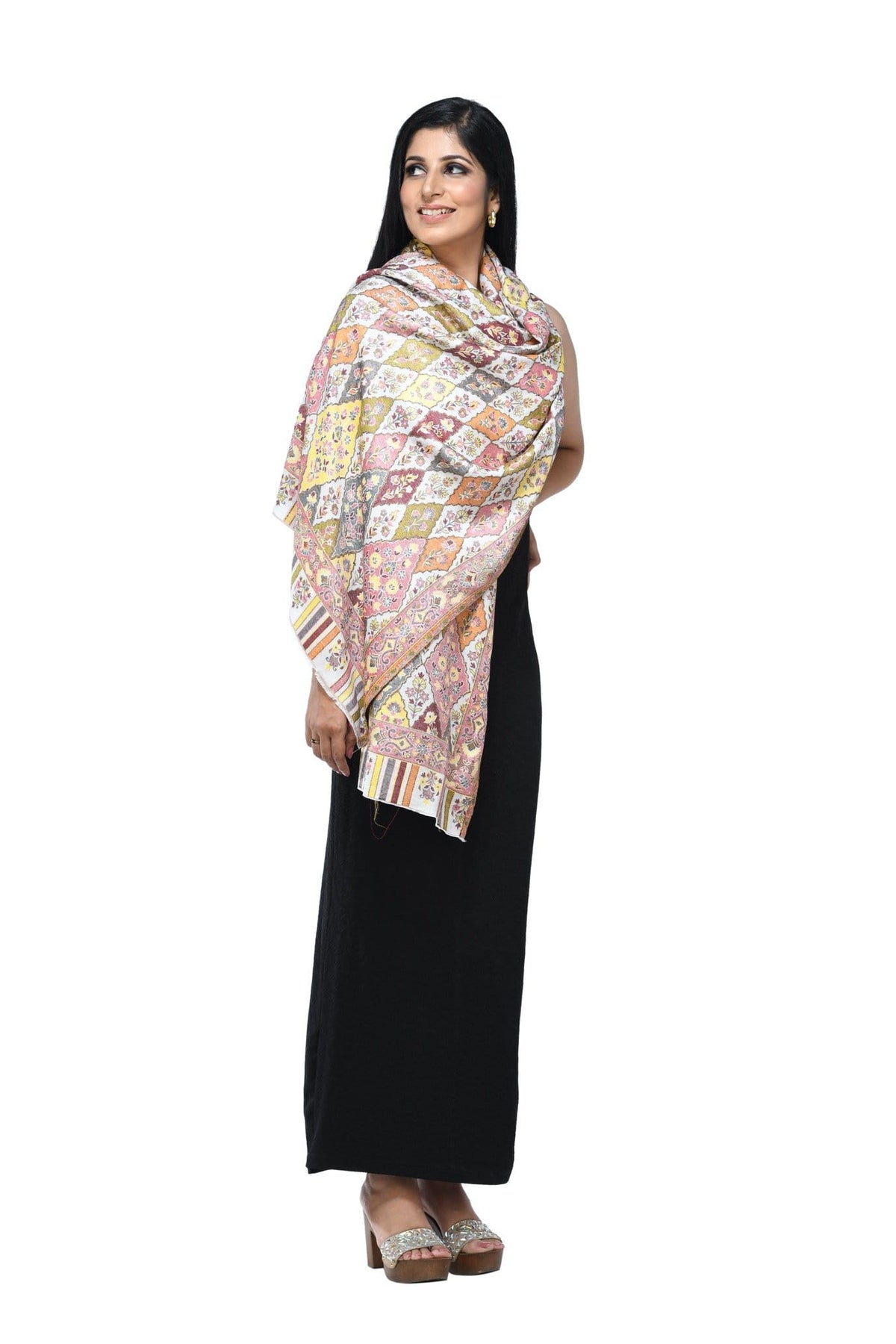 Pashwool 70x200 Pashwool Womens Extra Soft Bamboo Scarf, Woven Ethnic Design, Ivory