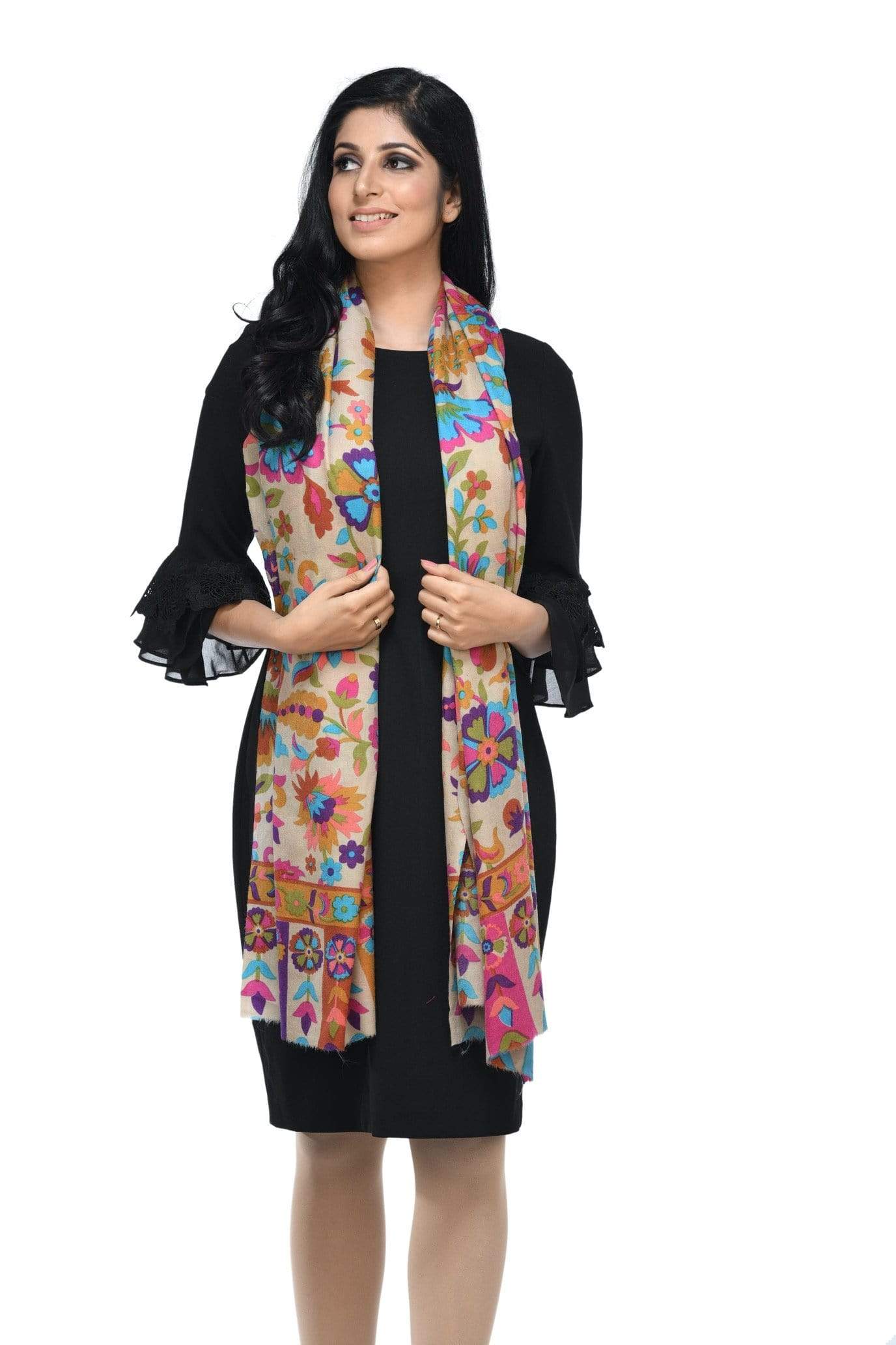 Pashwool 70x200 Pashwool Womens Floral Printed Stole, Fine Wool, Soft and Warm