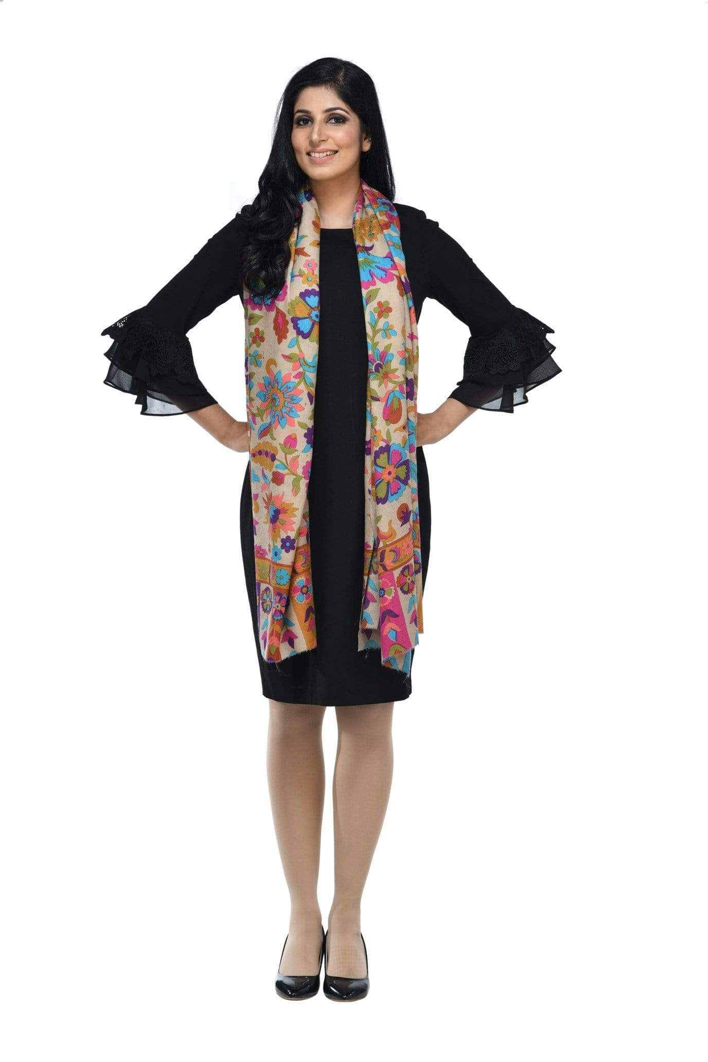 Pashwool 70x200 Pashwool Womens Floral Printed Stole, Fine Wool, Soft and Warm