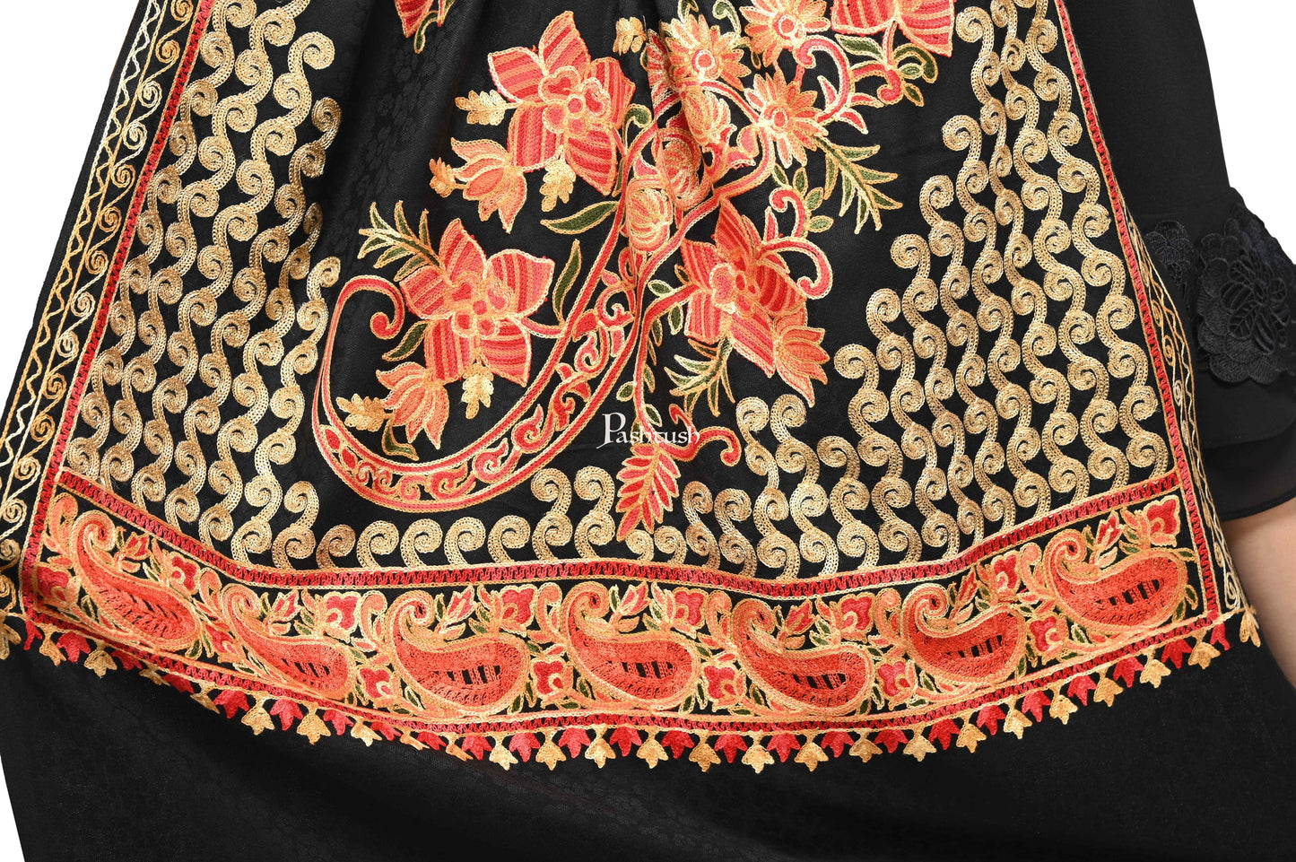 Pashwool Womens Stoles and Scarves Scarf Pashwool, Womens Kashmiri Aari Embroidery Stole, Soft Bamboo Black