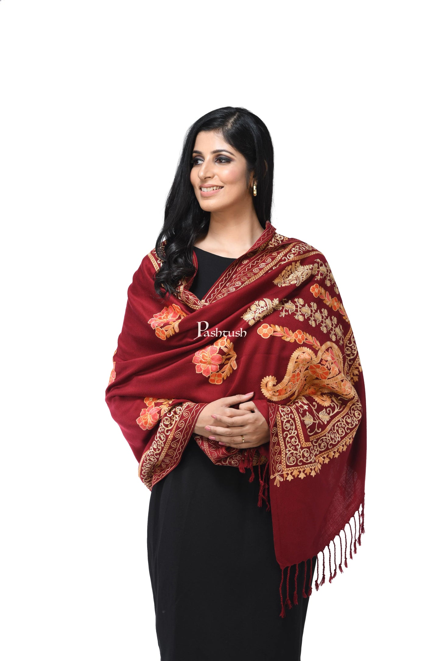 Pashwool Womens Stoles and Scarves Scarf Pashwool, Womens Kashmiri Aari Embroidery Stole, Soft Bamboo Crimson