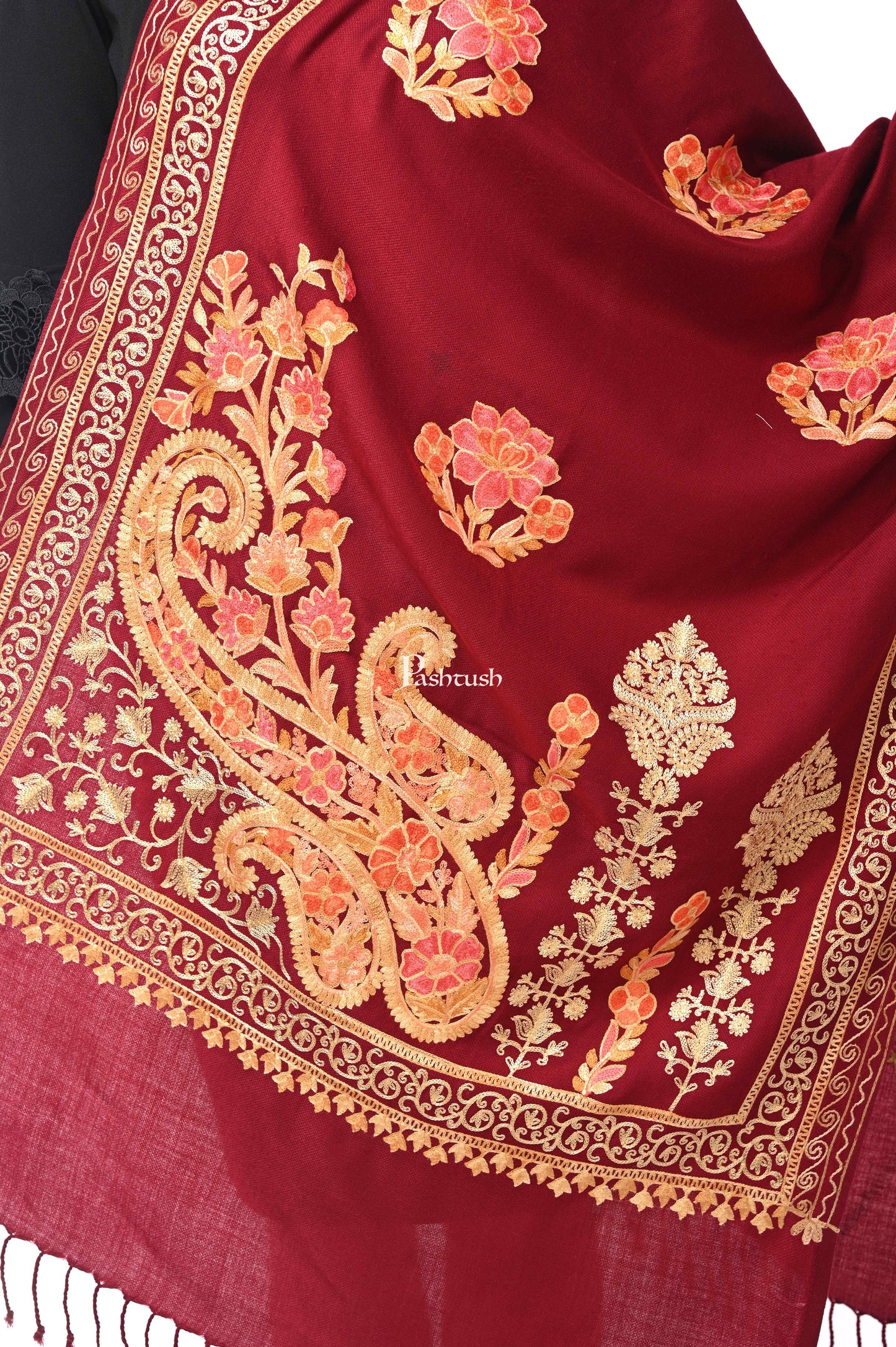 Pashwool Womens Stoles and Scarves Scarf Pashwool, Womens Kashmiri Aari Embroidery Stole, Soft Bamboo Crimson