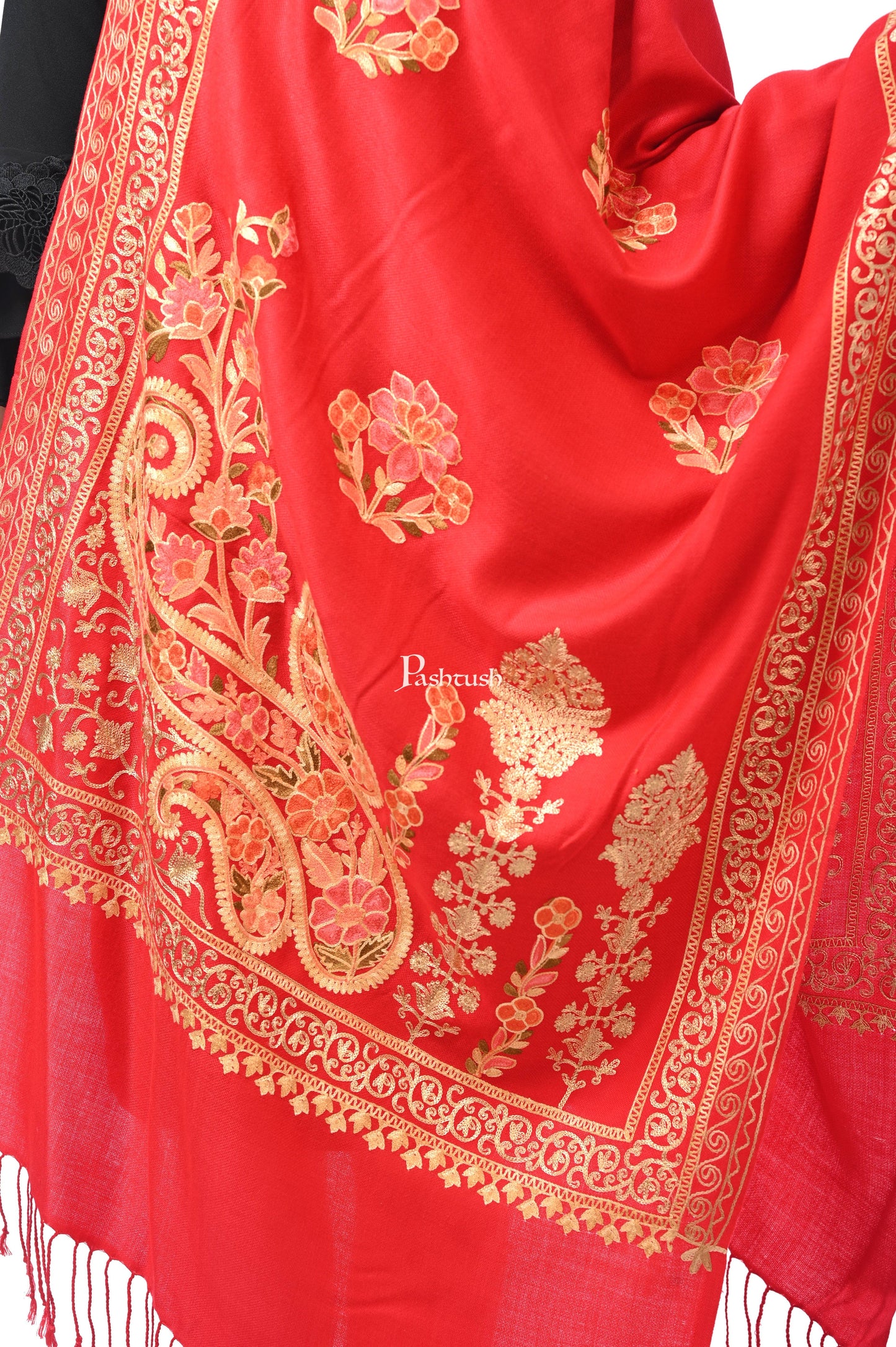 Pashwool Womens Stoles and Scarves Scarf Pashwool, Womens Kashmiri Aari Embroidery Stole, Soft Bamboo Deep Red