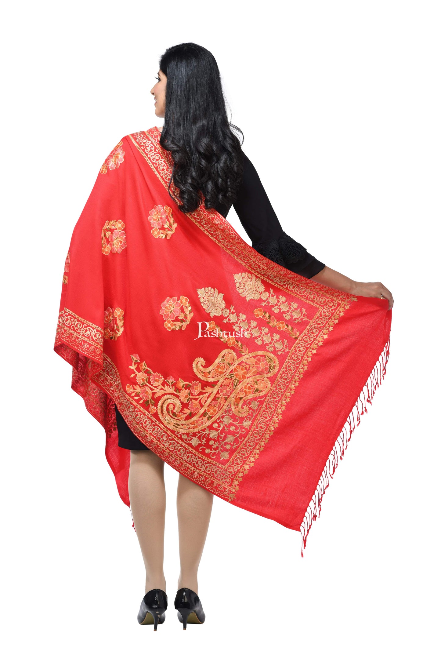 Pashwool Womens Stoles and Scarves Scarf Pashwool, Womens Kashmiri Aari Embroidery Stole, Soft Bamboo Deep Red