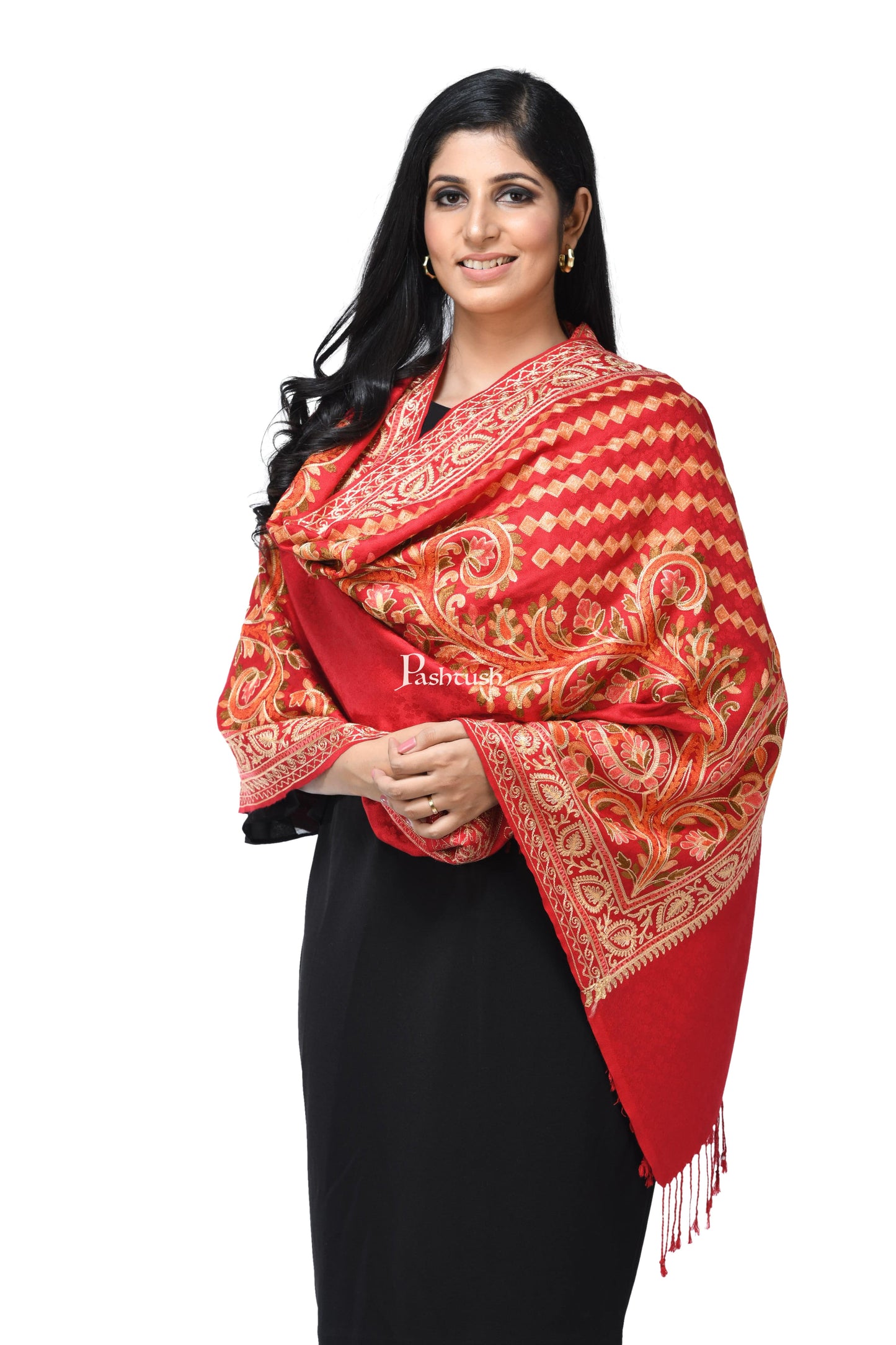 Pashwool Womens Stoles and Scarves Scarf Pashwool, Womens Kashmiri Aari Embroidery Stole, Soft Bamboo Maroon