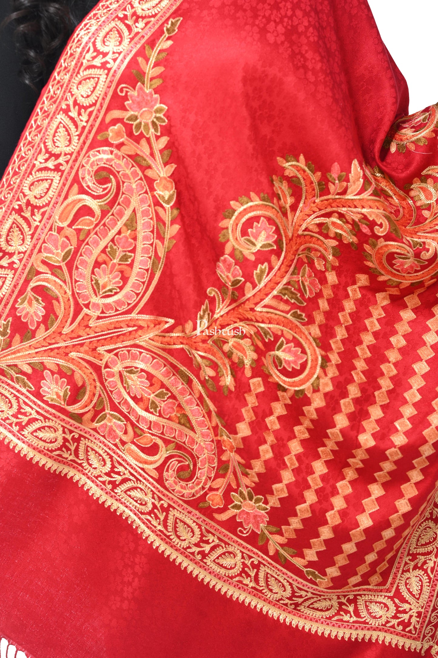 Pashwool Womens Stoles and Scarves Scarf Pashwool, Womens Kashmiri Aari Embroidery Stole, Soft Bamboo Maroon