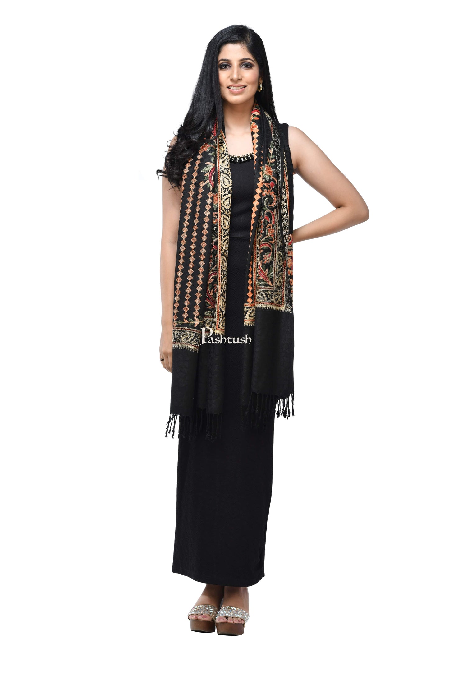 Pashwool Womens Stoles and Scarves Scarf Pashwool, Womens Kashmiri Aari Embroidery Stole, Soft Bamboo Rich Black