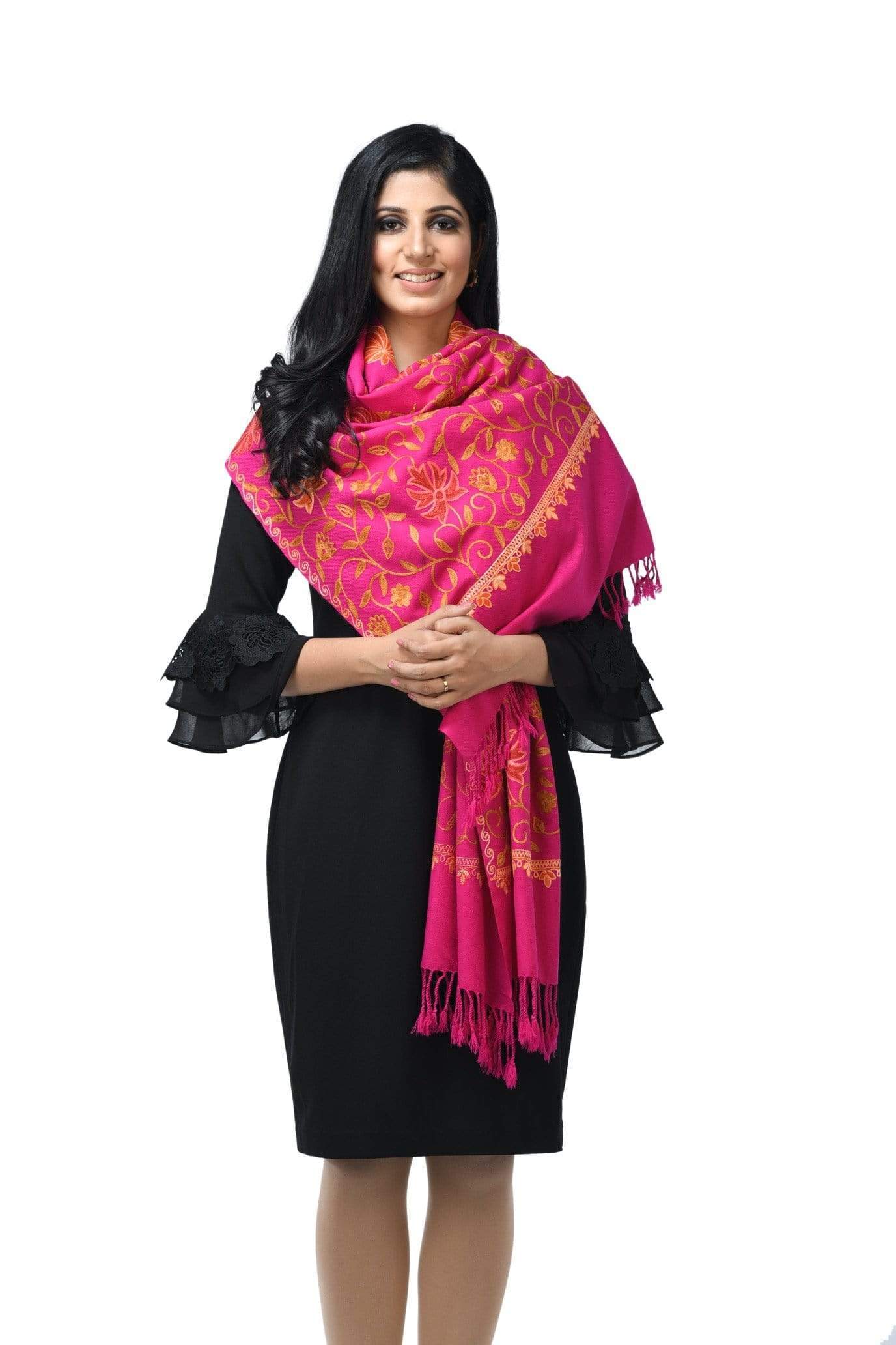 Pashwool 70x200 Pashwool Womens Kashmiri Embroidery Stole, Soft and Warm, Woollen Stole, Majenta