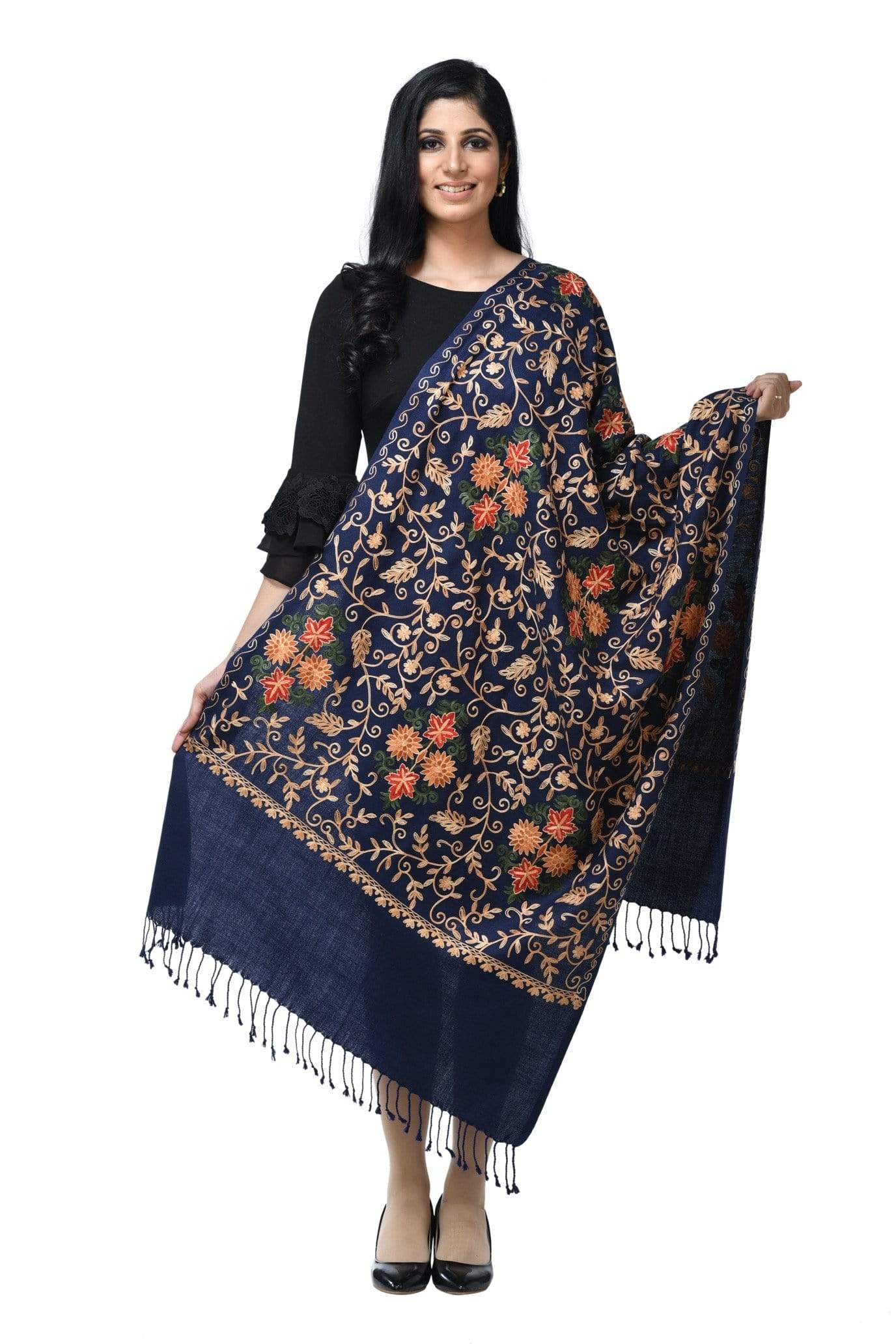 Pashwool 70x200 Pashwool Womens Kashmiri Embroidery Stole, Soft and Warm, Woollen Stole, Navy Blue