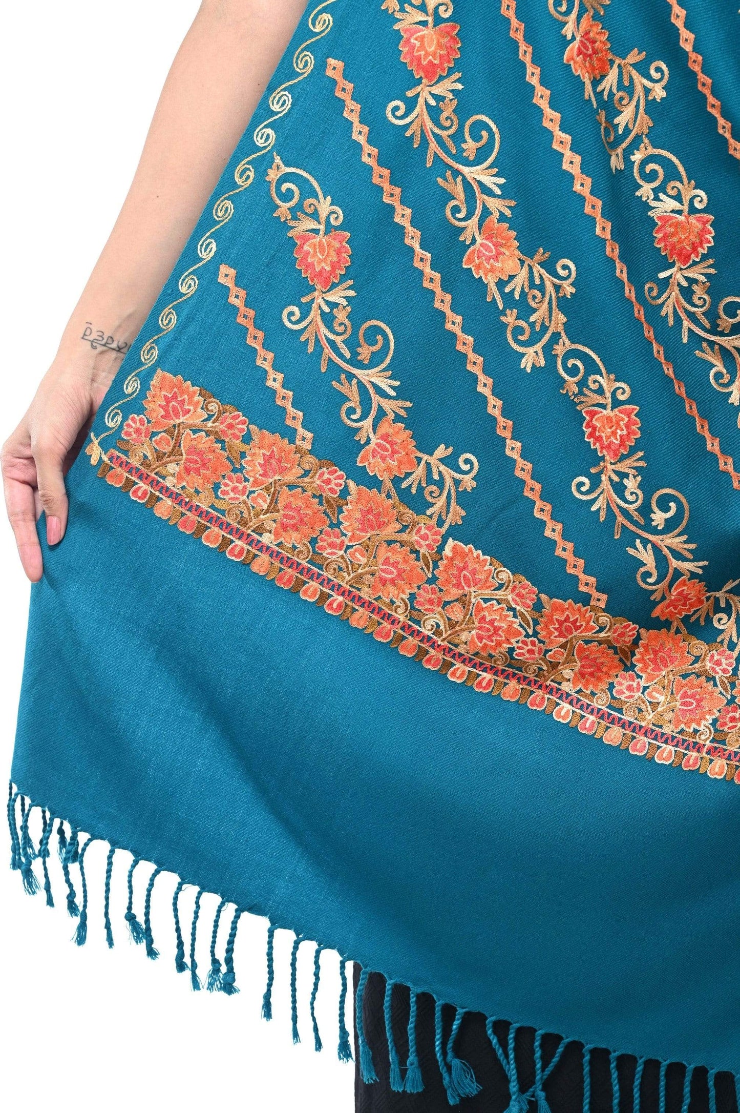 Pashwool 70x200 Pashwool Womens Kashmiri Embroidery Stole, Woollen Stole, Arabic Blue