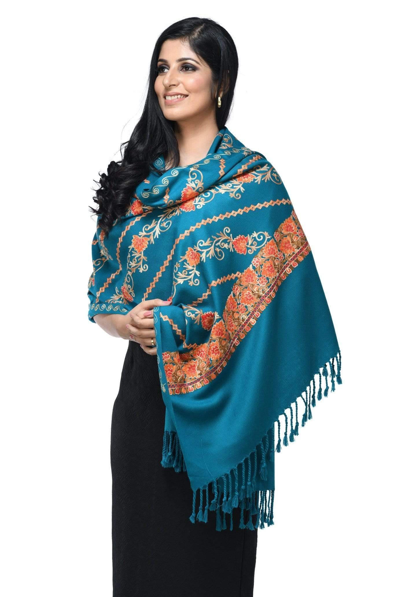 Pashwool 70x200 Pashwool Womens Kashmiri Embroidery Stole, Woollen Stole, Arabic Blue