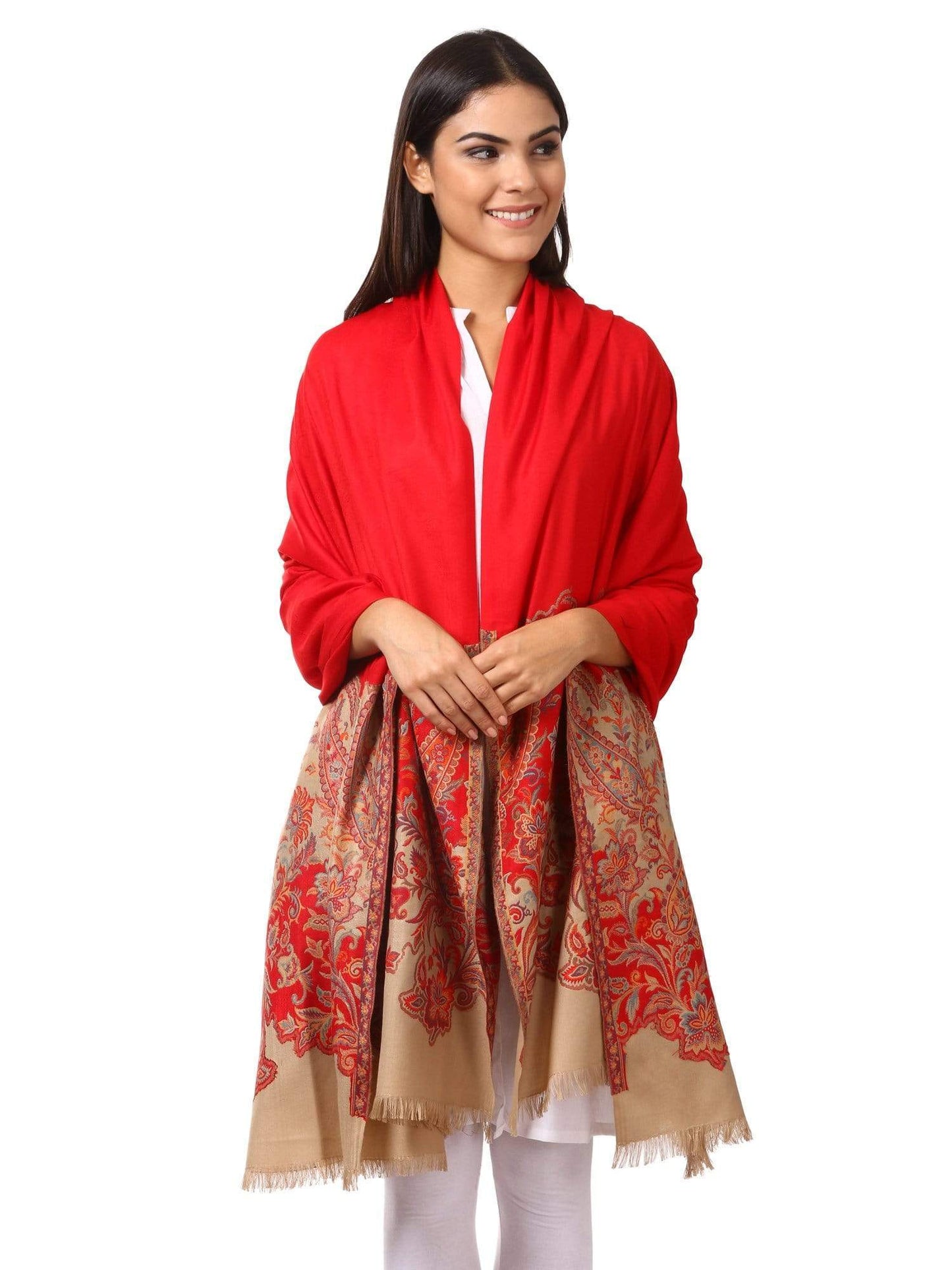 Pashtush India 100x200 Women's Kashmiri Jacquard Palla Shawl, Soft Faux Pashmina - Red