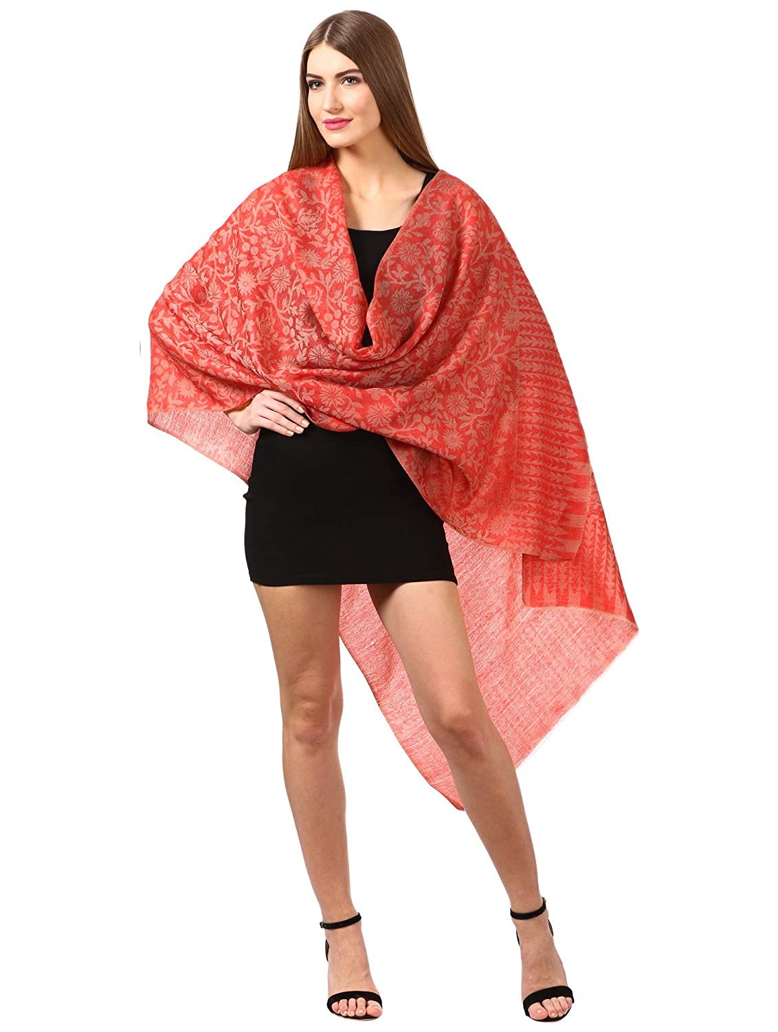Pashtush India 70x200 Women's Silk-Pashmina Reversible Floral Scarf, Soft and Warm, Scarlet Red
