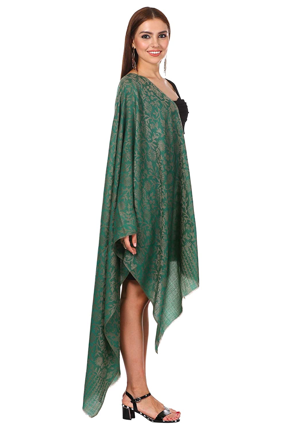 Pashtush India 70x200 WOMEN'S SILK-WOOL REVERSIBLE FLORAL SCARF, SOFT AND WARM, Deep green