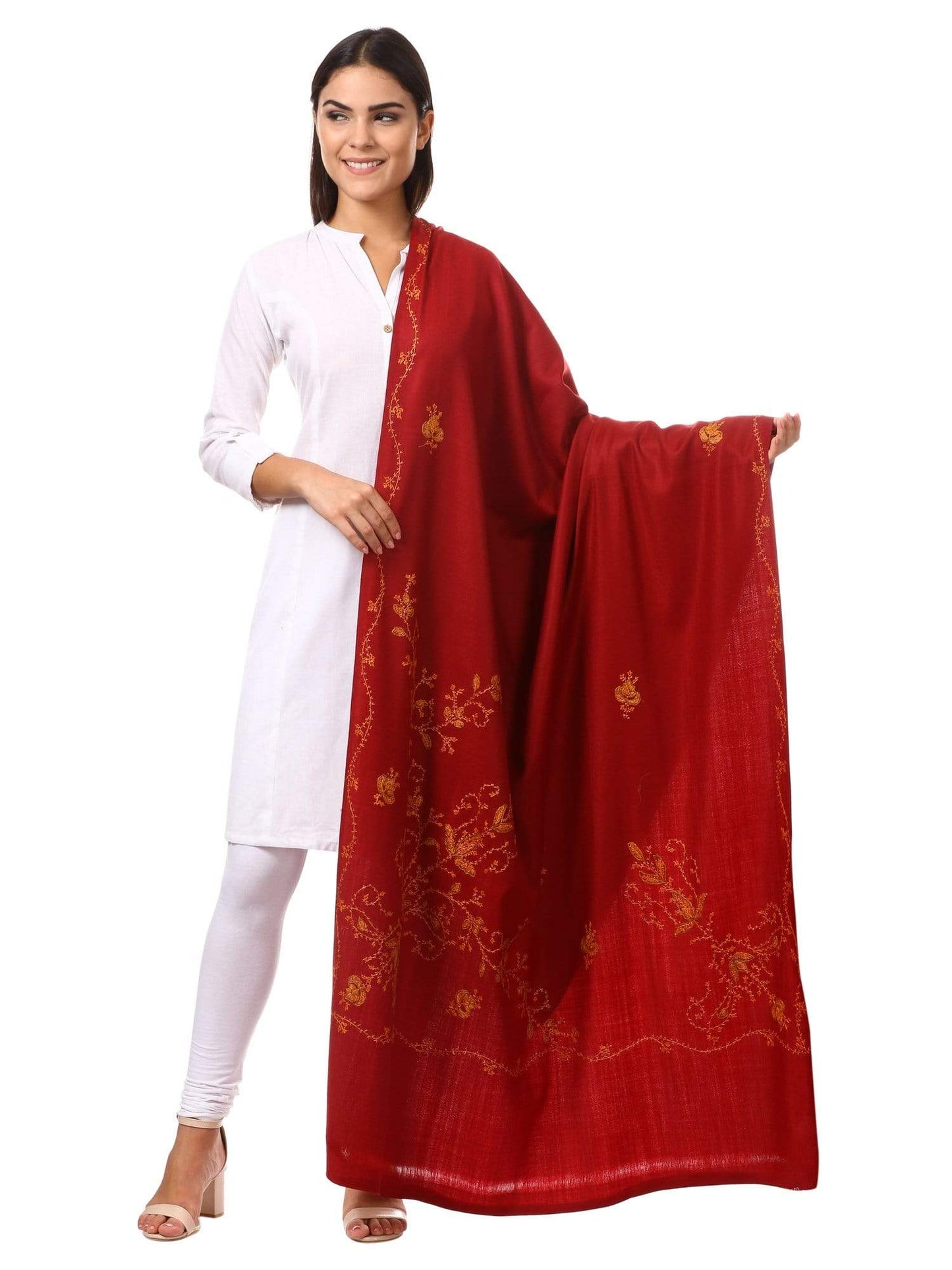 Pashtush Women'S Wool Shawl, Hand Embroidery, 100% Hand-Made (Maroon) Red