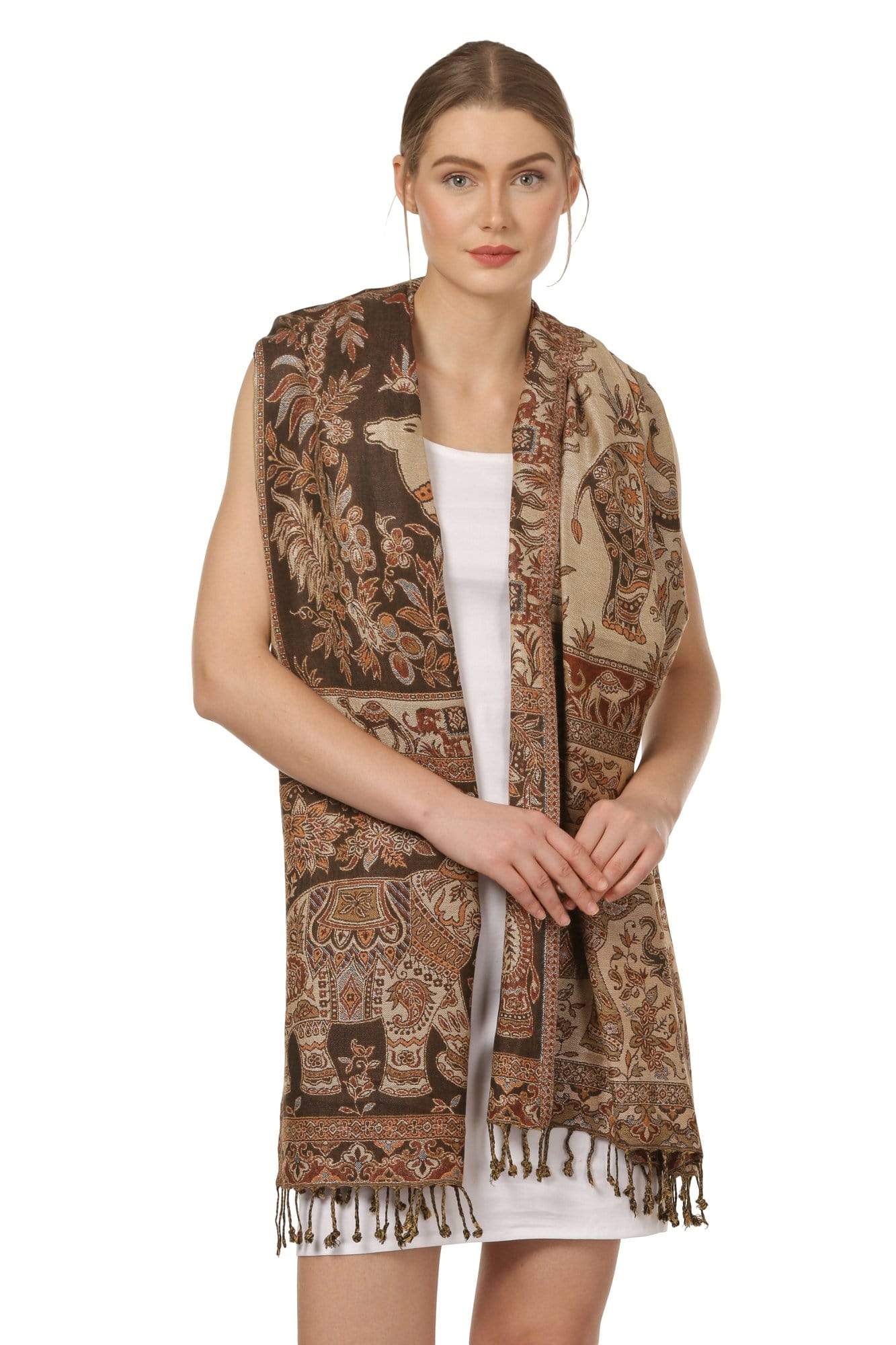 Pashtush Womens Fine Bamboo Jacquard Scarf, Reversible, Multicoloured Brown