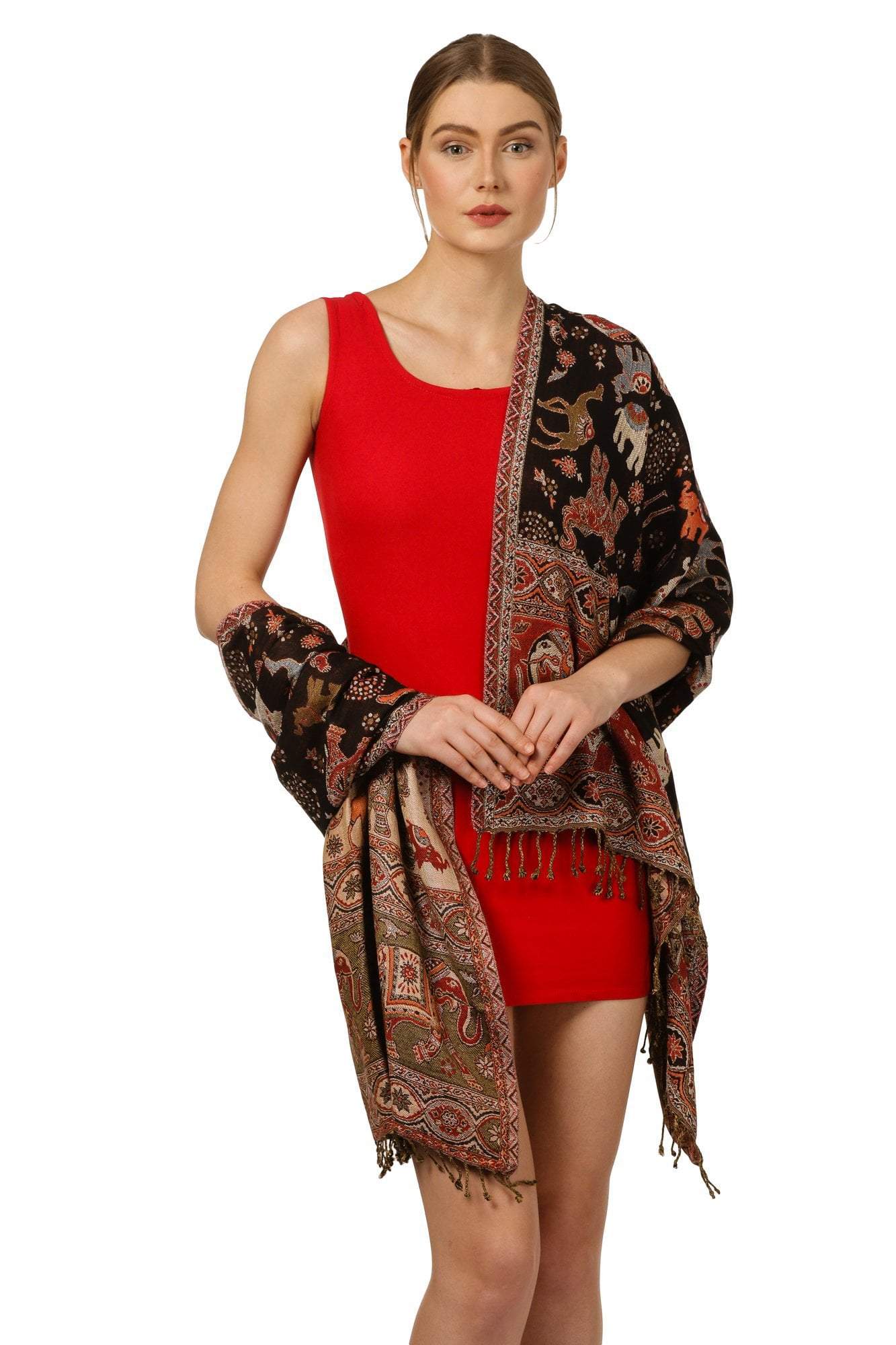 PASHTUSH WOMENS BAMBOO REVERSIBLE STOLE, TRIBAL ELEPHANTS