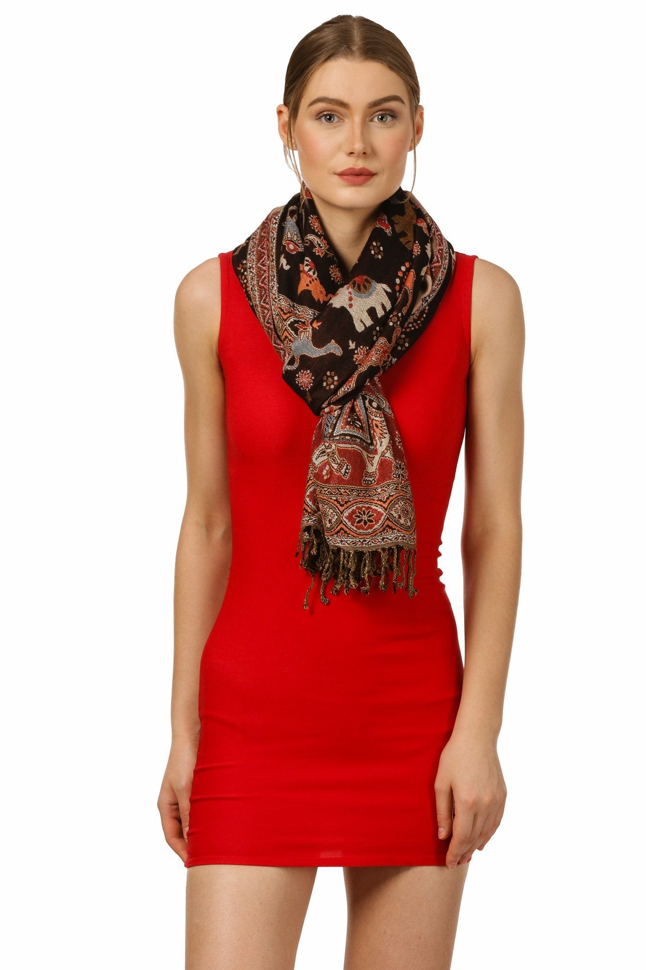 PASHTUSH WOMENS BAMBOO REVERSIBLE STOLE, TRIBAL ELEPHANTS