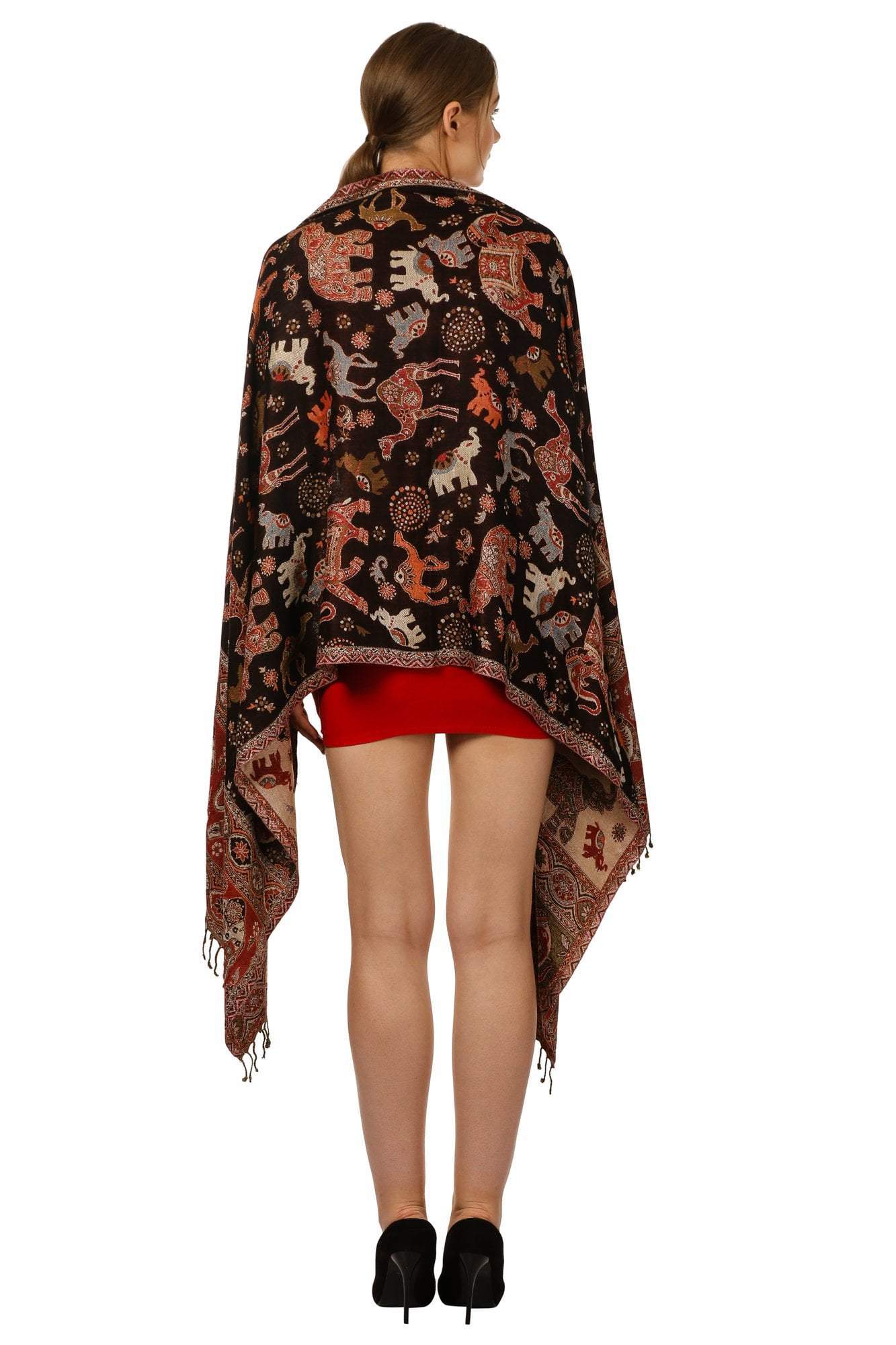 PASHTUSH WOMENS BAMBOO REVERSIBLE STOLE, TRIBAL ELEPHANTS
