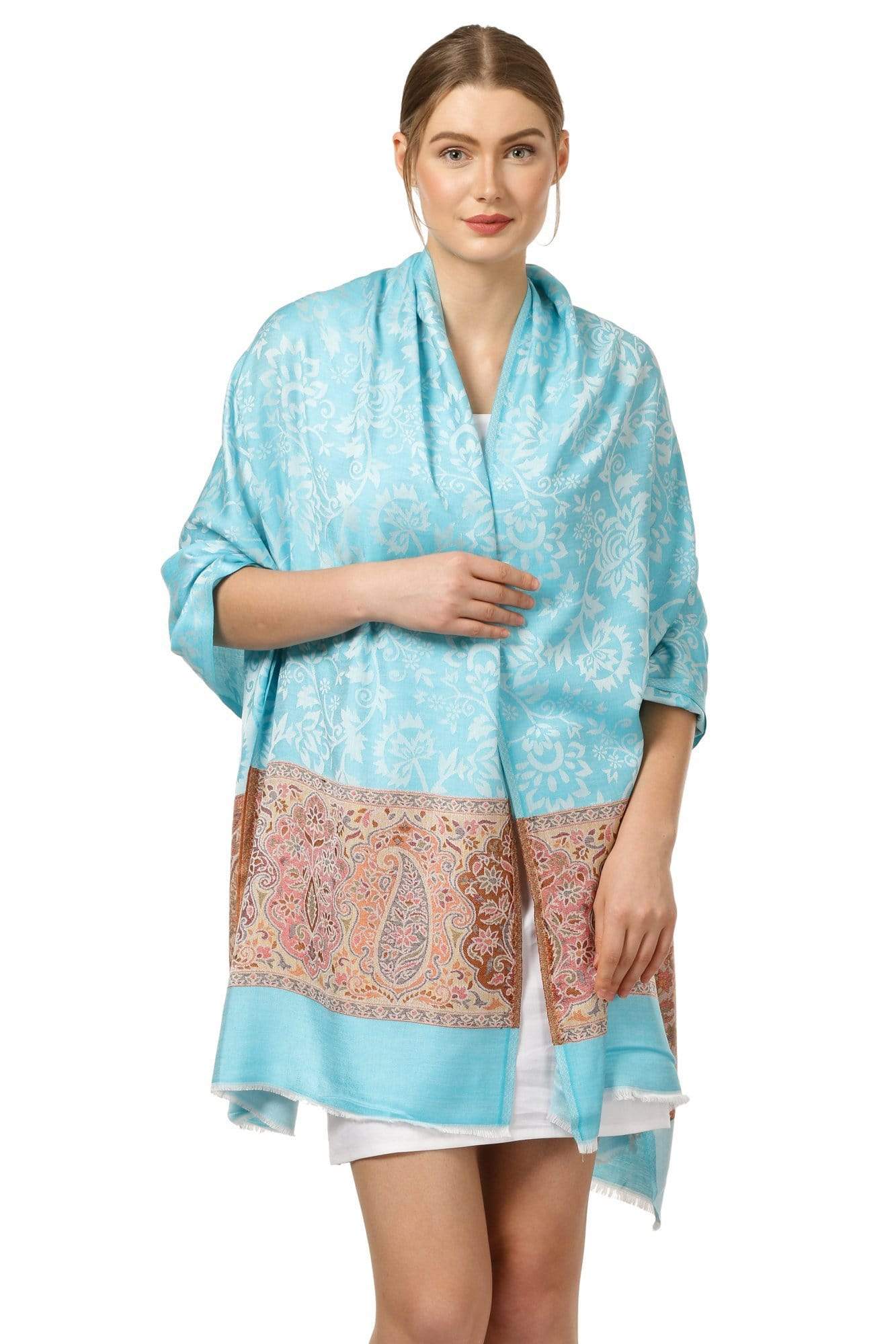 Pashtush India 70x200 Womens Fine Bamboo Jacquard Scarf, Reversible, Multicoloured - Aqua