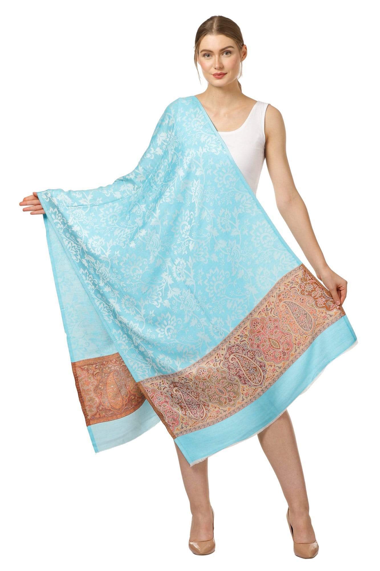 Pashtush India 70x200 Womens Fine Bamboo Jacquard Scarf, Reversible, Multicoloured - Aqua