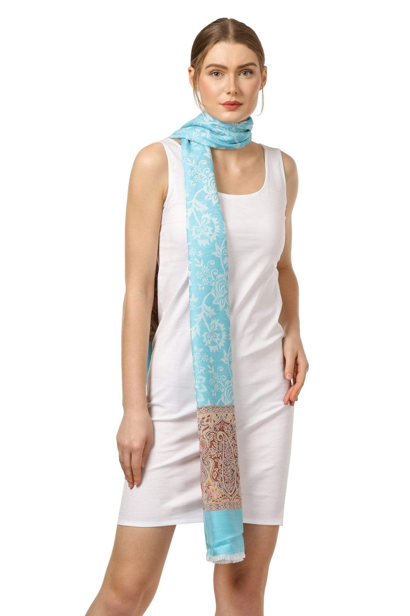 Pashtush India 70x200 Womens Fine Bamboo Jacquard Scarf, Reversible, Multicoloured - Aqua