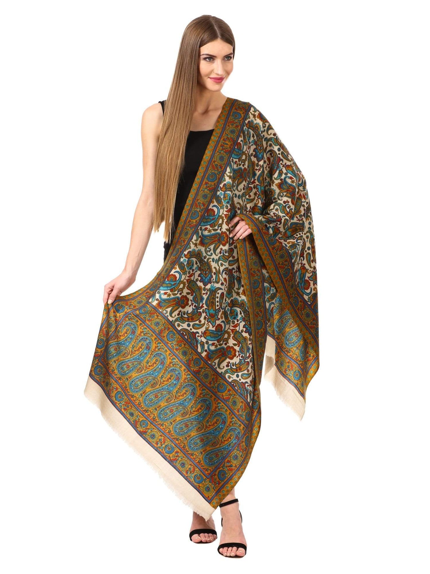 Pashtush Womens Fine Wool Blended Printed Stole Scarf Green