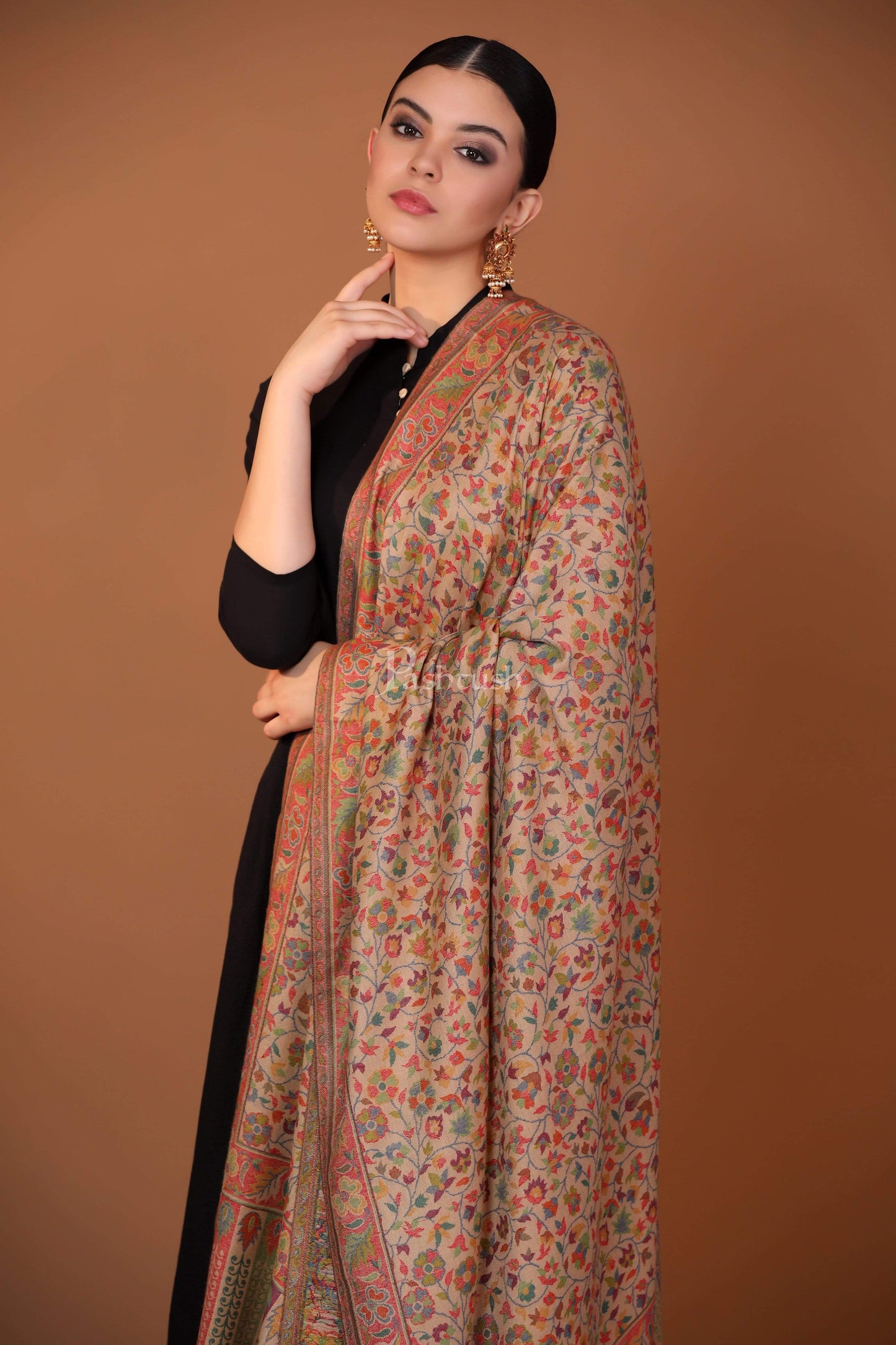 Pashtush India 100x200 Womens Kaani Shawl, Faux Pashmina, Soft and Warm, Beige
