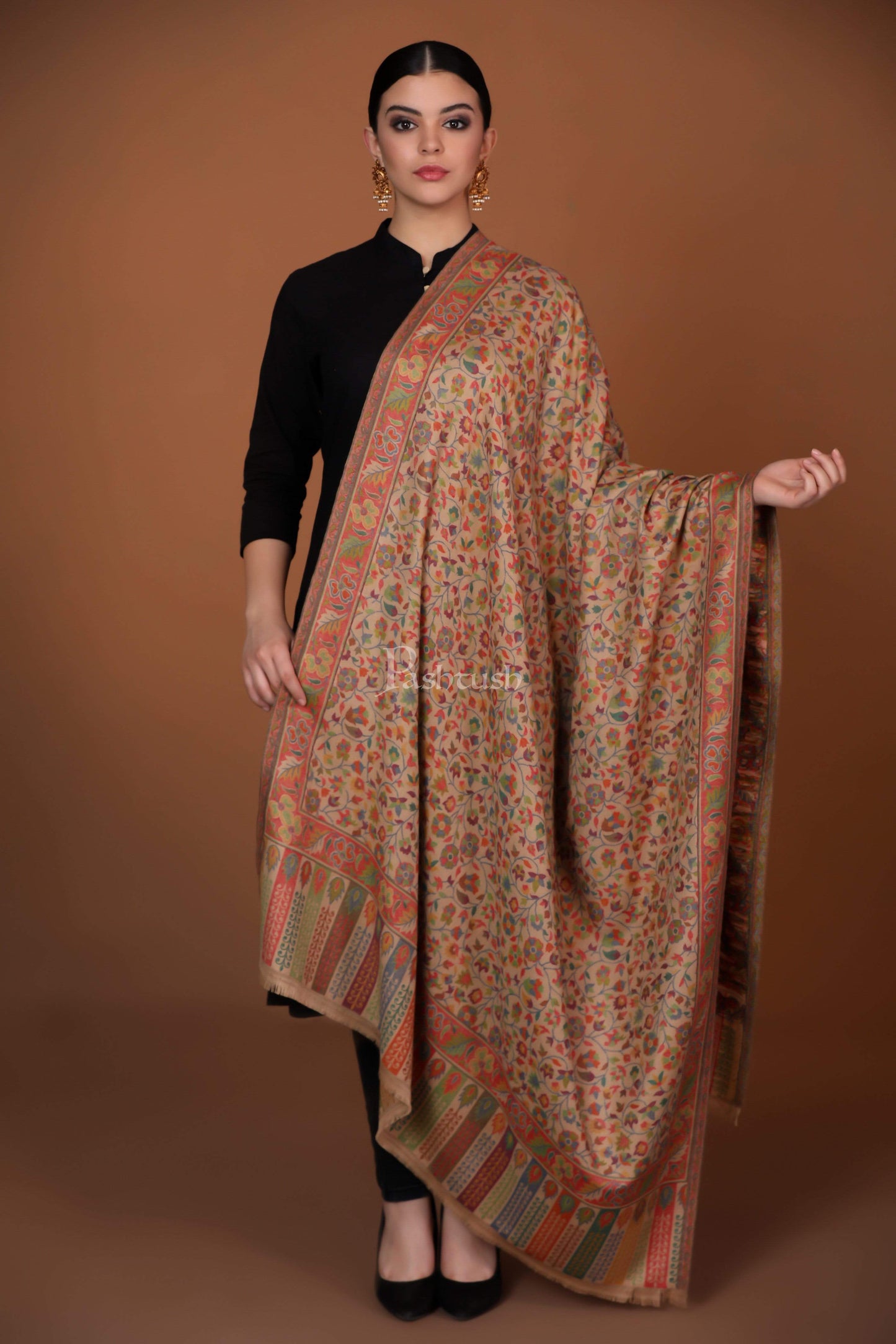 Pashtush India 100x200 Womens Kaani Shawl, Faux Pashmina, Soft and Warm, Beige