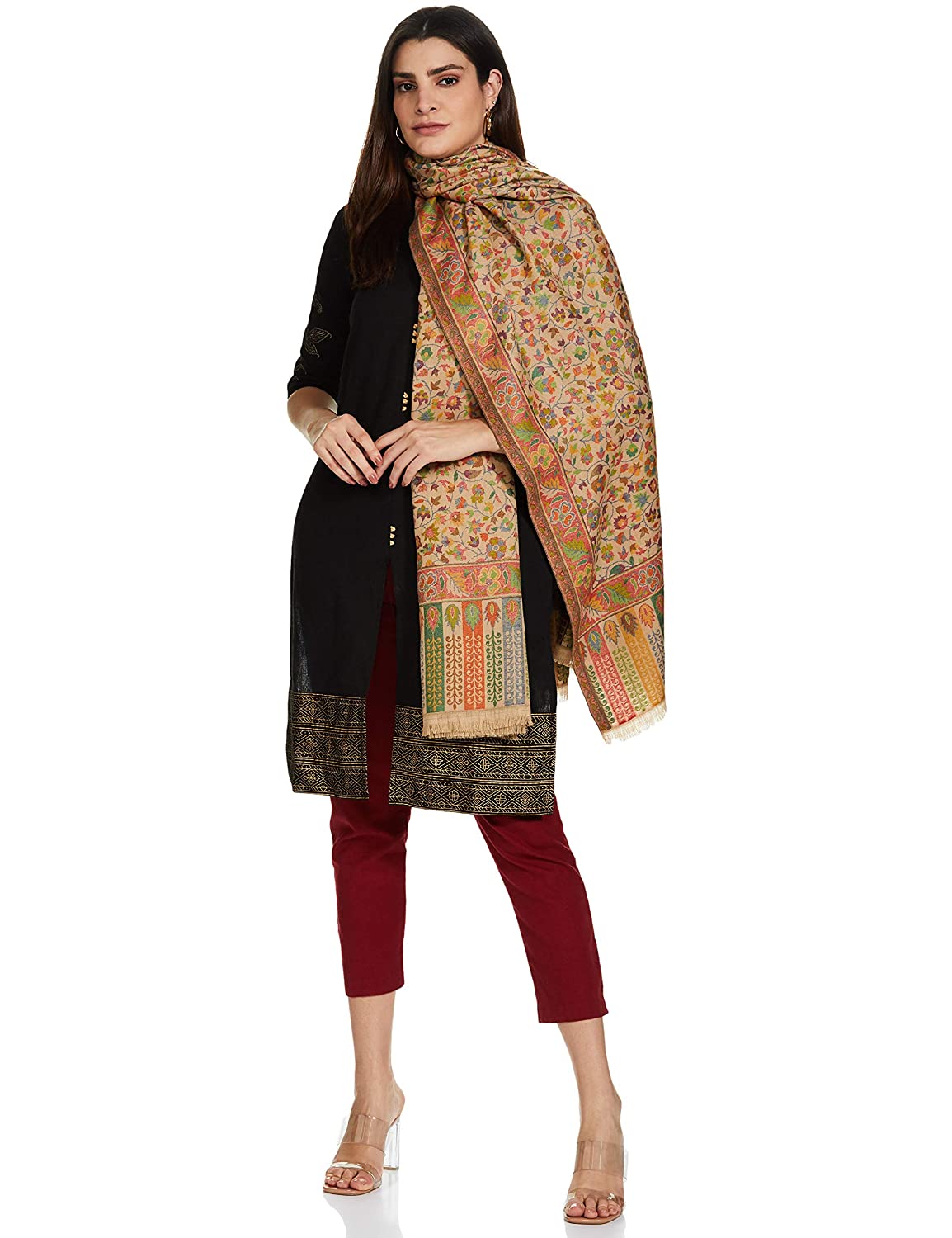 Pashtush India 100x200 Womens Kaani Shawl, Faux Pashmina, Soft and Warm, Beige