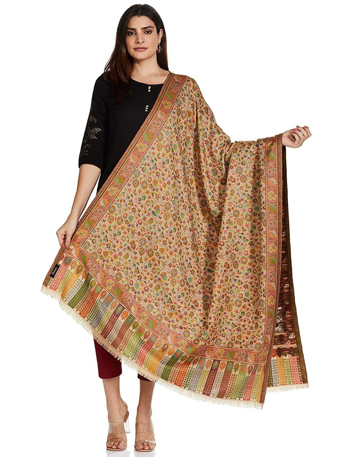 Pashtush India 100x200 Womens Kaani Shawl, Faux Pashmina, Soft and Warm, Beige