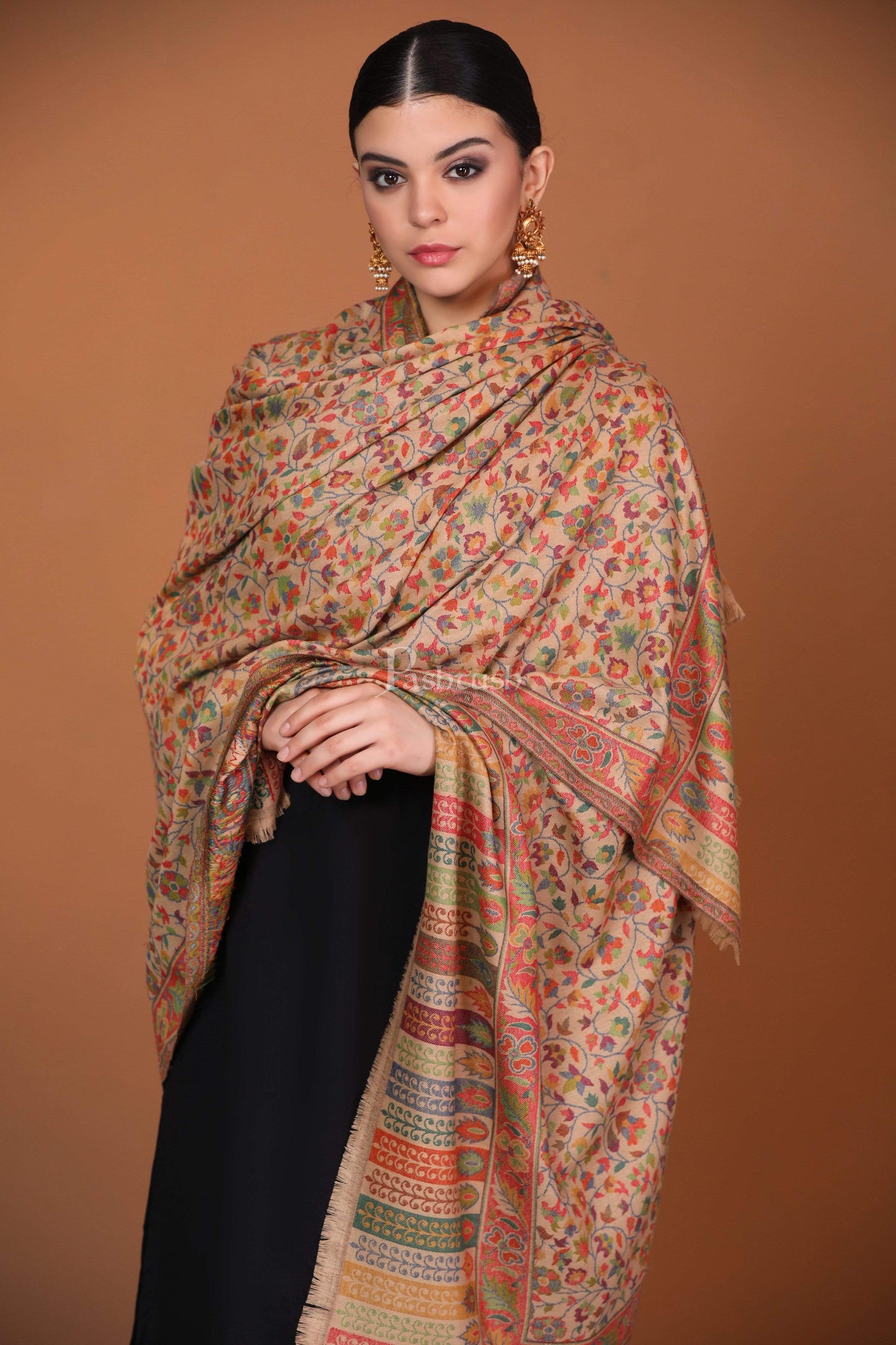 Pashtush India 100x200 Womens Kaani Shawl, Faux Pashmina, Soft and Warm, Beige