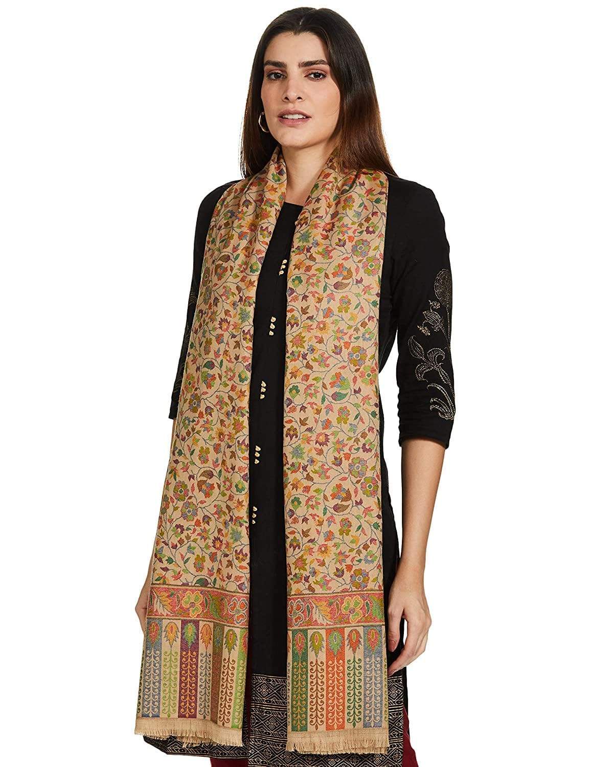 Pashtush India 100x200 Womens Kaani Shawl, Faux Pashmina, Soft and Warm, Beige