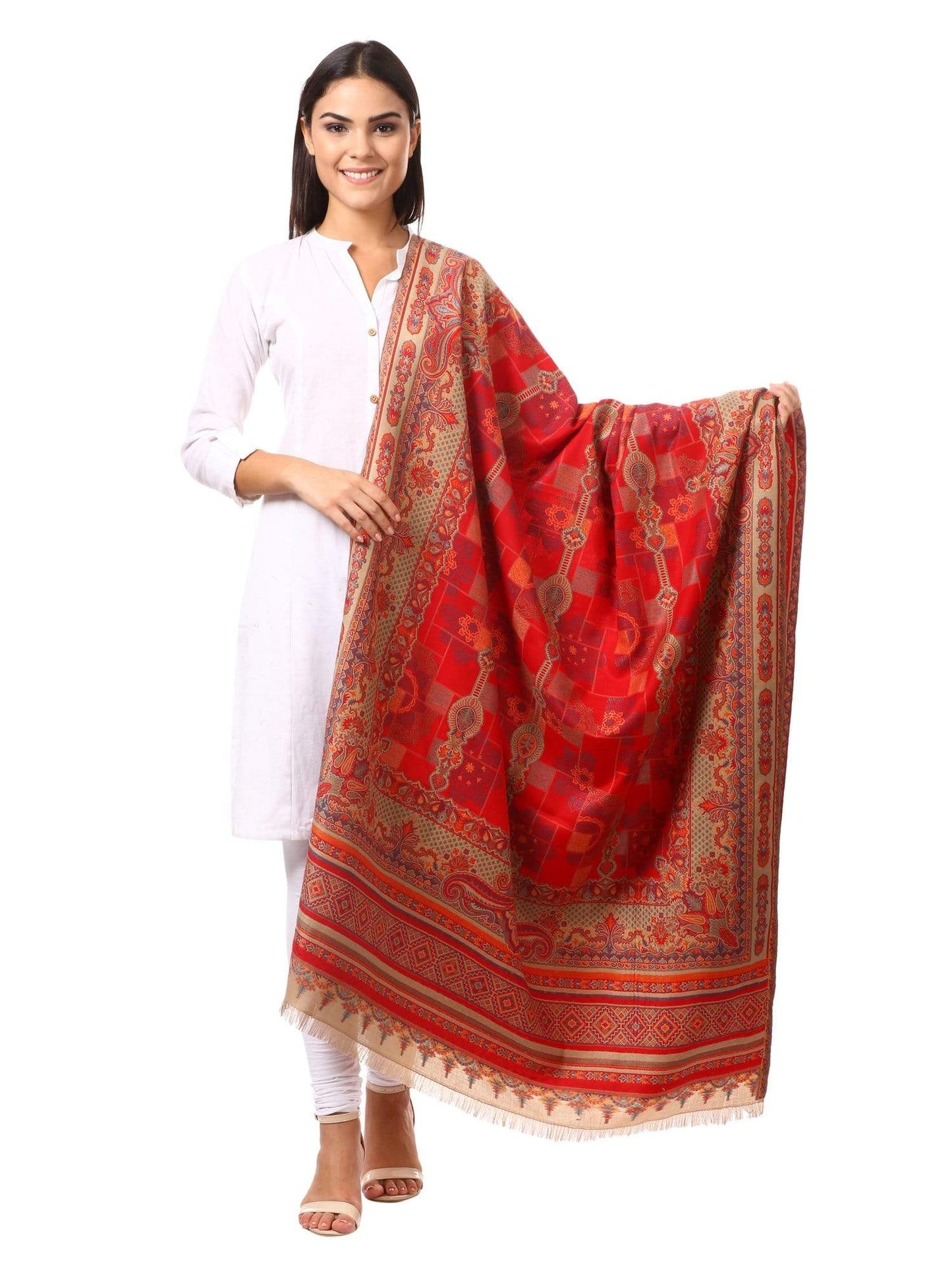 Pashtush Shawl Store Shawl Womens Kullu Jamawar Shawl, Faux Pashmina - Red