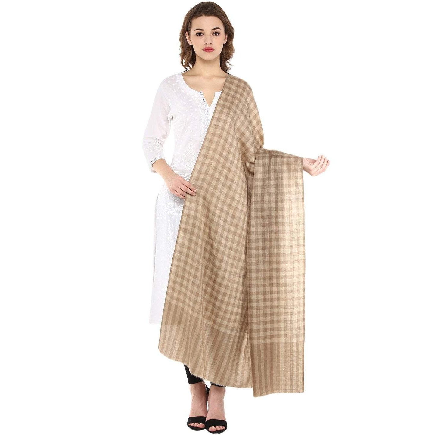 Pashtush Store Pashtush Ultra Soft Womens Wool Shawl Check Design, Natural Faux Pashmina Shawl (Large)