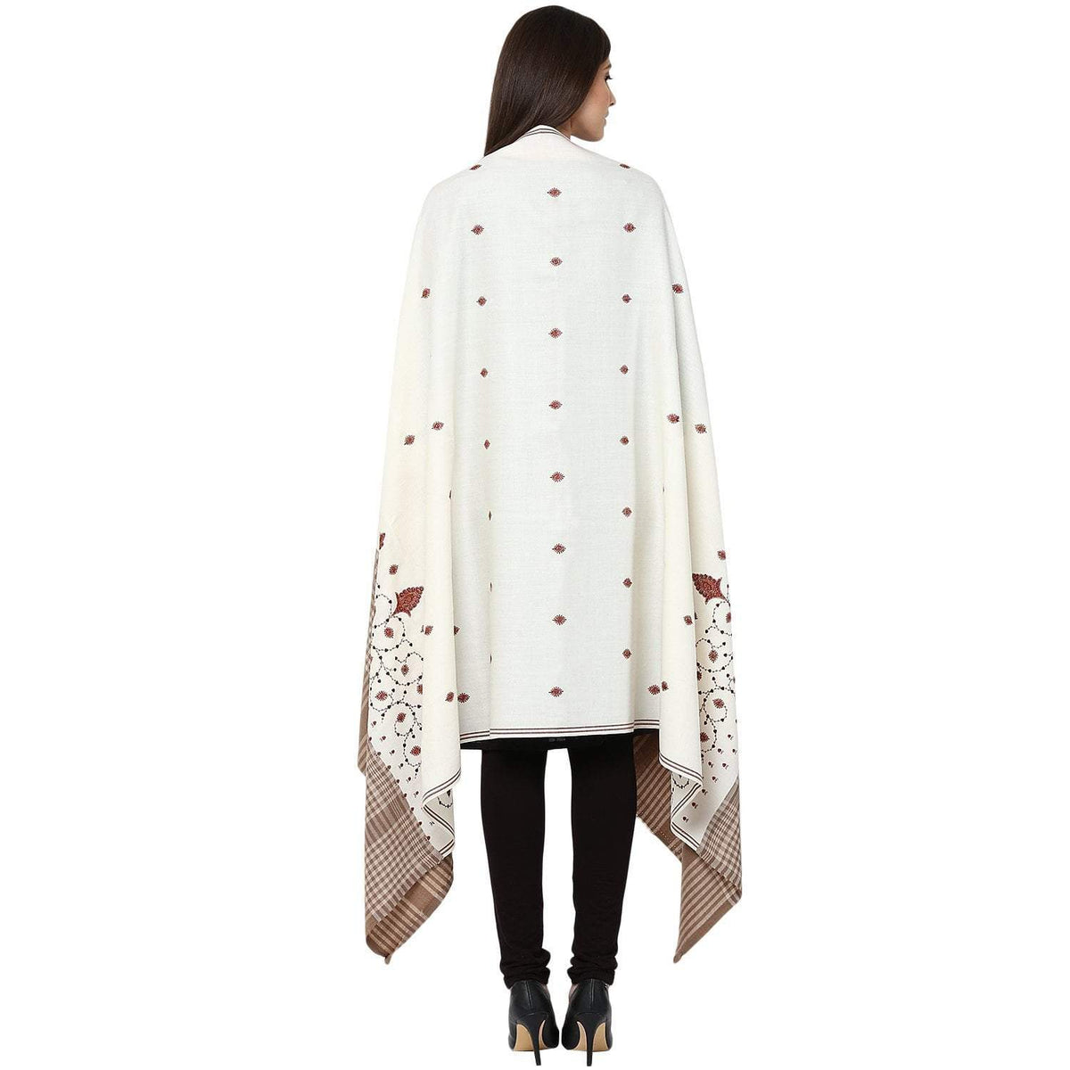 Pashtush Store Pashtush Women's embroidered Wool Shawl white with check palla