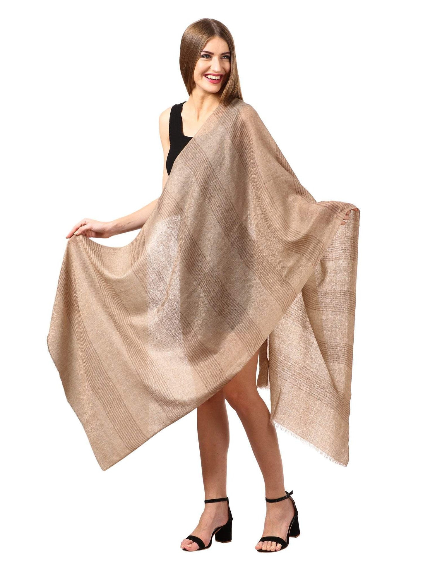 Pashtush Store Scarf Women's Reversible Stole, with Stripes, Wool Pashmina (Neutral)