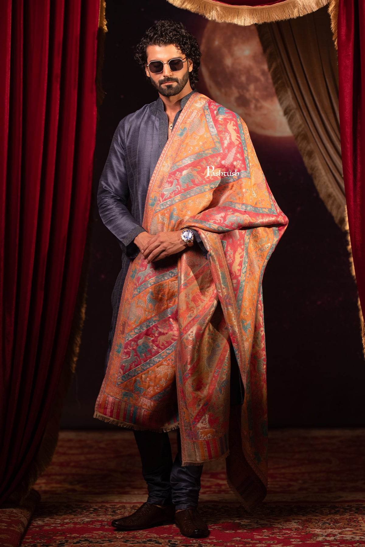 Pashtush Mens Faux Pashmina Stole, Zari Design, Multicoloured