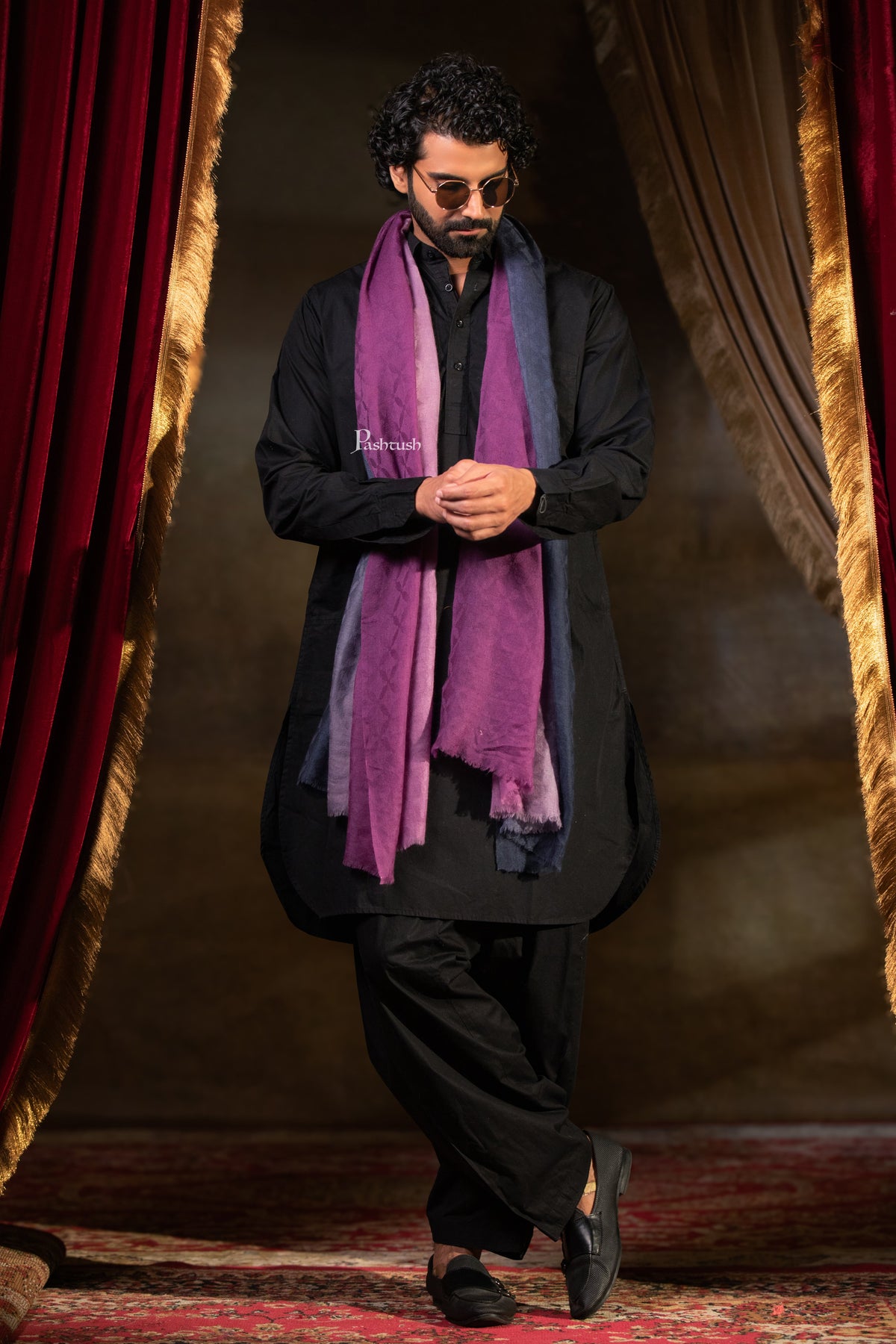 Pashtush Mens Cashmere Stole, Ombre Weave Design, Pink and Navy Blue