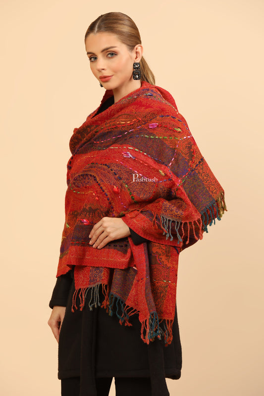 Pashtush India Womens Stoles Pashtush Womens Stole, Hand Embroidery with Woollen Thread, Soft and Warm, Crimson