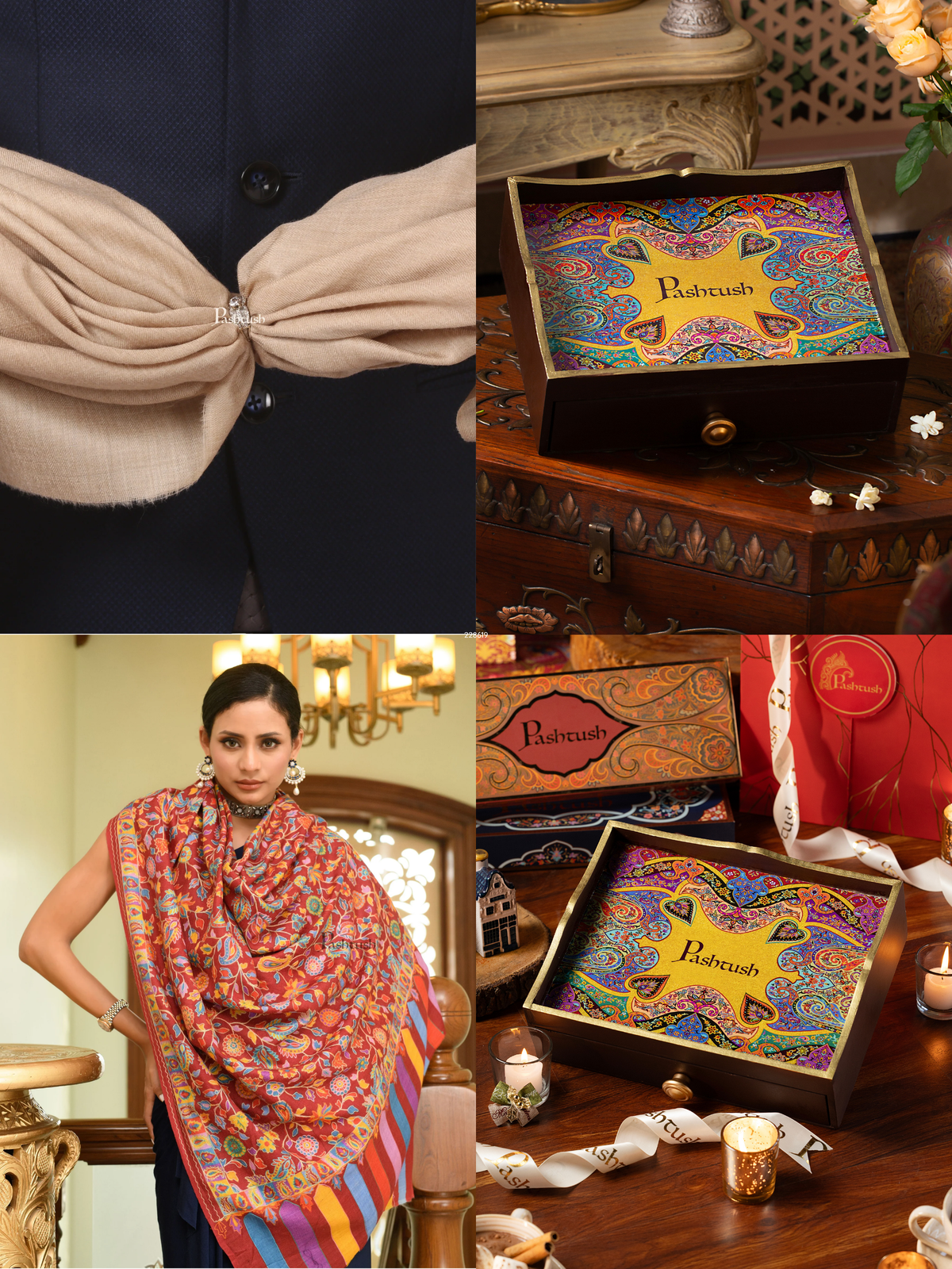 Pashtush His and Her Gift Set of Extra Fine Wool Shawls, Beige and Multicolour, Packaged in Keepsake Wooden Chester Gift Box