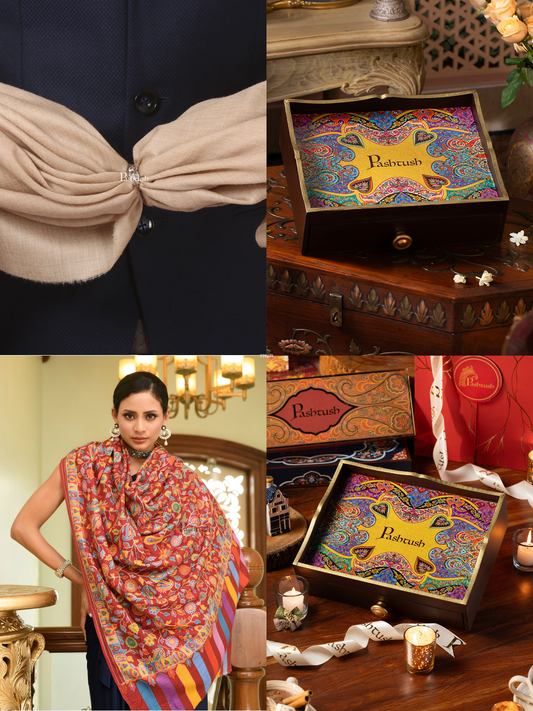 Pashtush His and Her Gift Set of Extra Fine Wool Shawls, Beige and Multicolour, Packaged in Keepsake Wooden Chester Gift Box