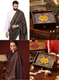 Pashtush His and Her Gift Set of Fine Wool Shawl and Stole, Black and Multicoloured, Packaged in Keepsake Wooden Chester Gift Box