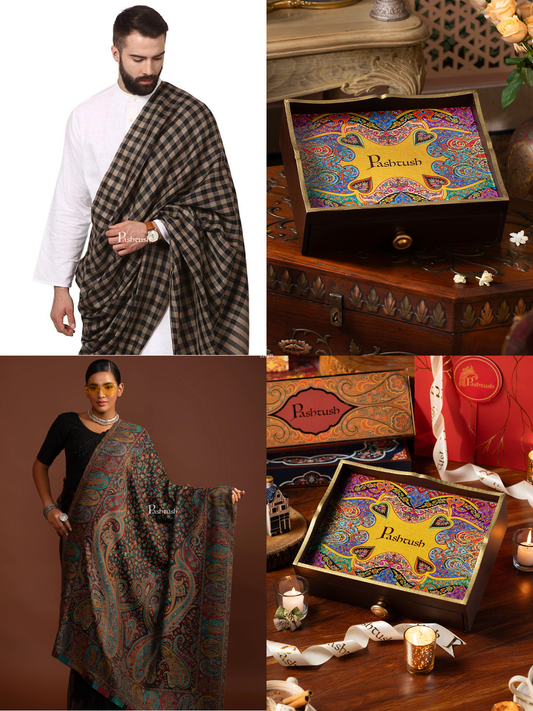 Pashtush His and Her Gift Set of Fine Wool Shawls, Black, Packaged in Keepsake Wooden Chester Gift Box