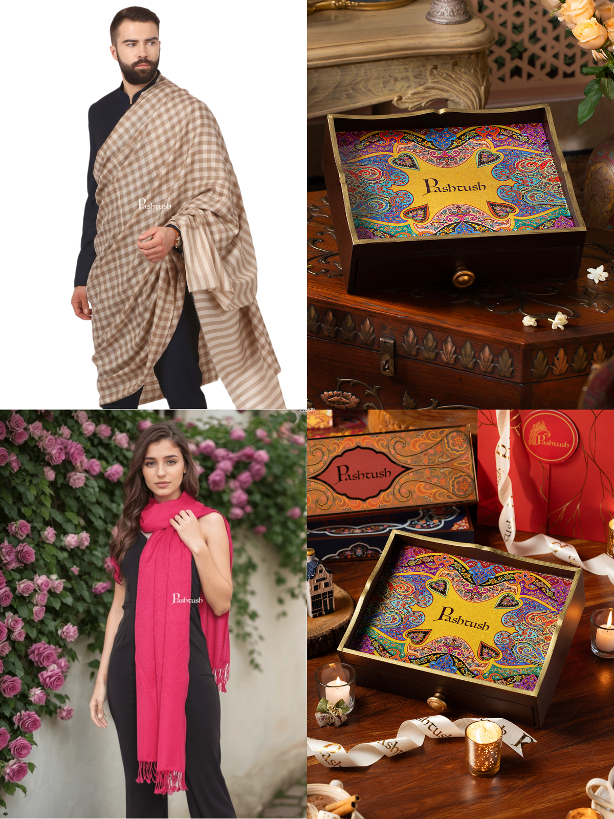 Pashtush His and Her Gift Set of Fine Wool Shawl and Stole, Beige and Pink, Packaged in Keepsake Wooden Chester Gift Box