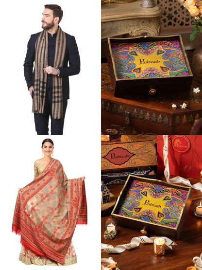 Pashtush His and Her Gift Set of Mens Fine Wool Stole and Womens Jamawar Shawl, Black and Red, Packaged in Keepsake Wooden Chester Gift Box